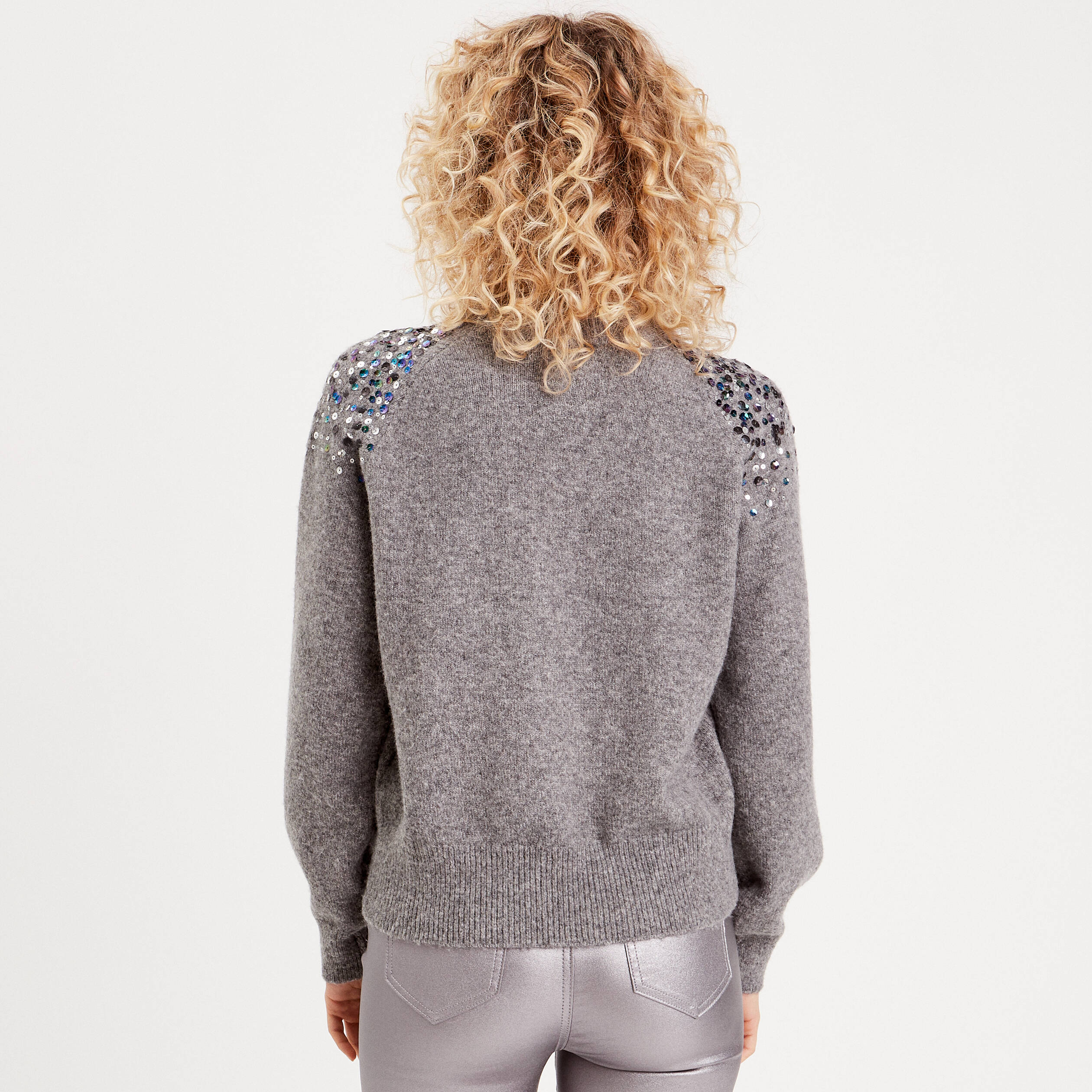 Pull sequins et strass gris foncé femme