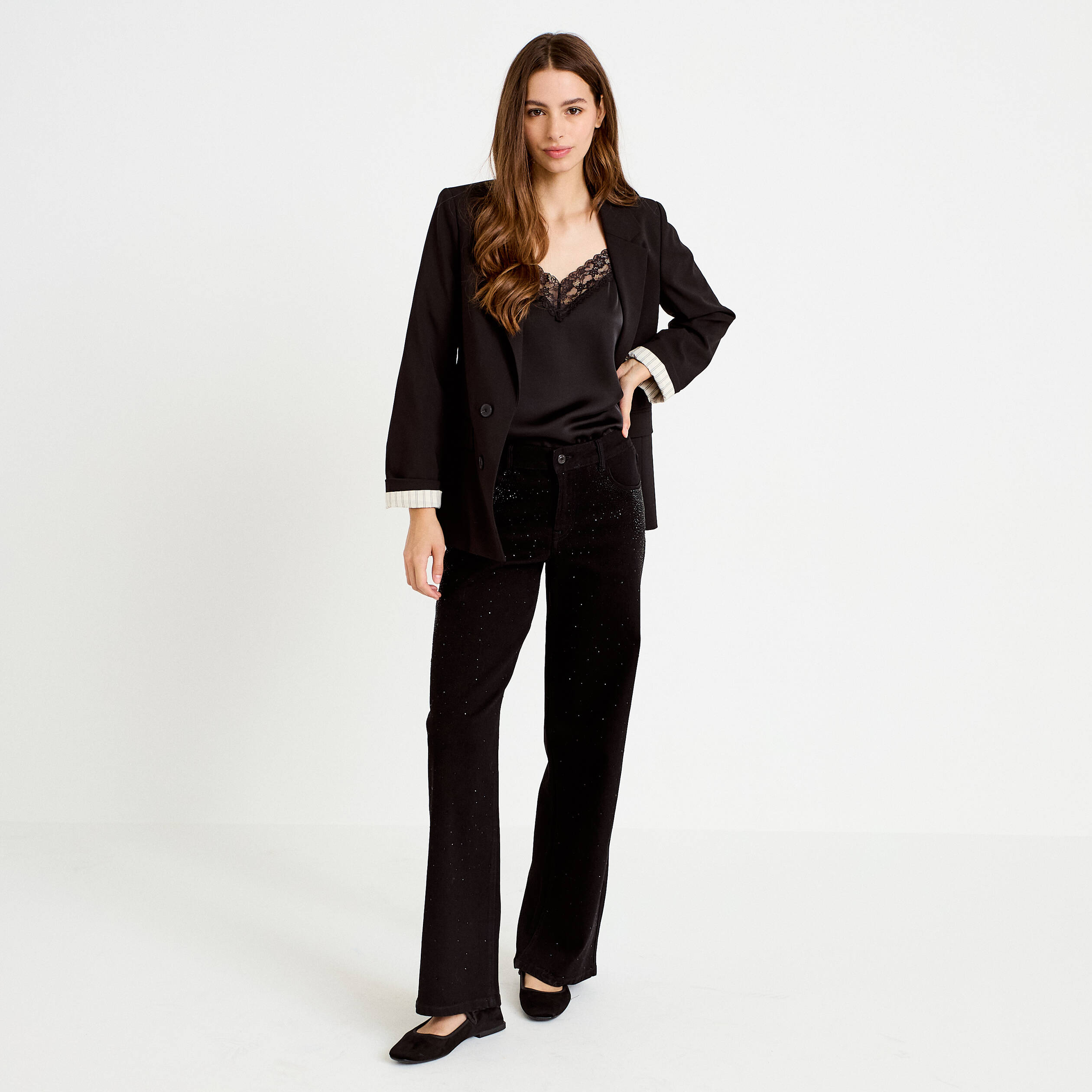 Jean wide leg taille basse strass noir femme