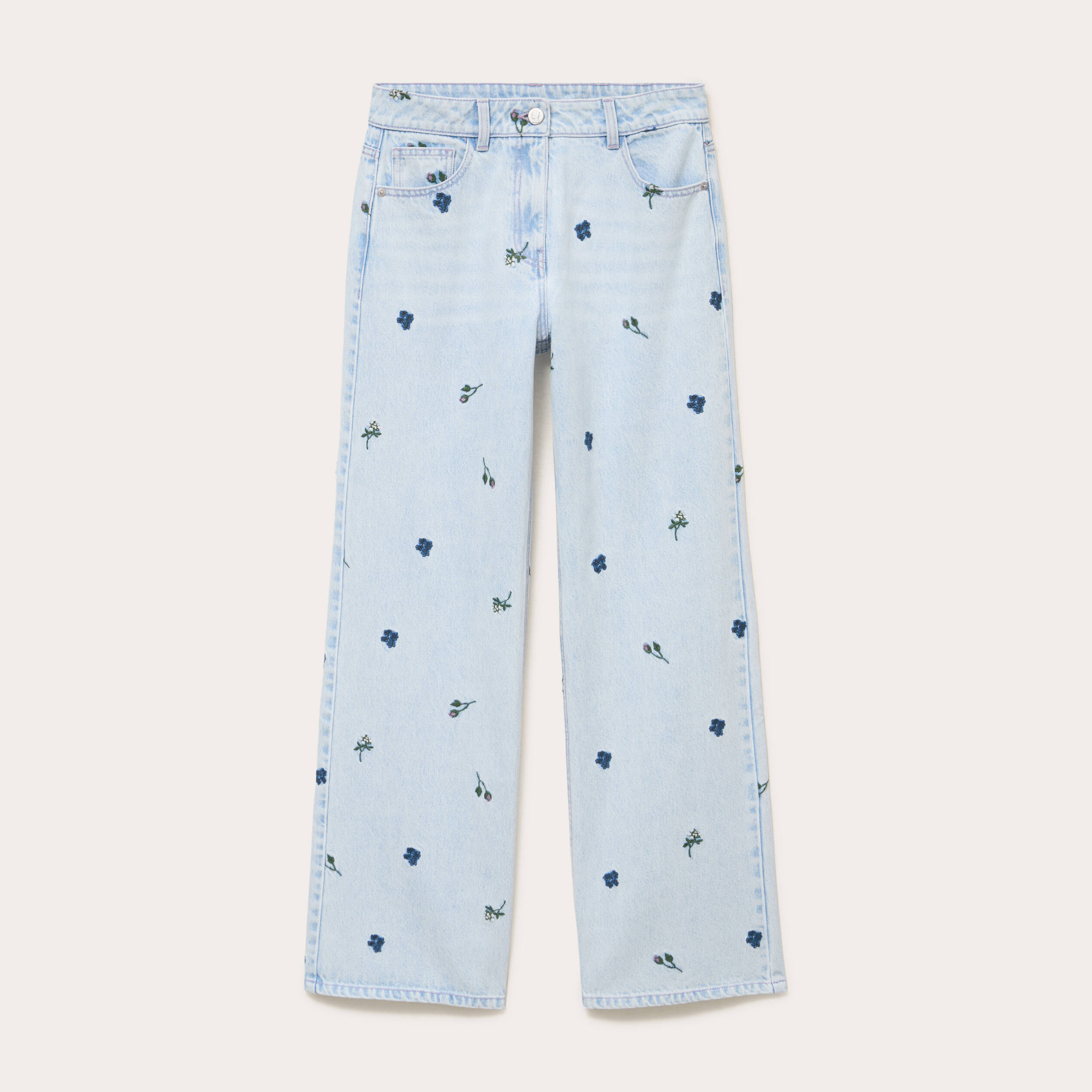 Jean wide leg brod&eacute; Bridgerton bleu clair femme