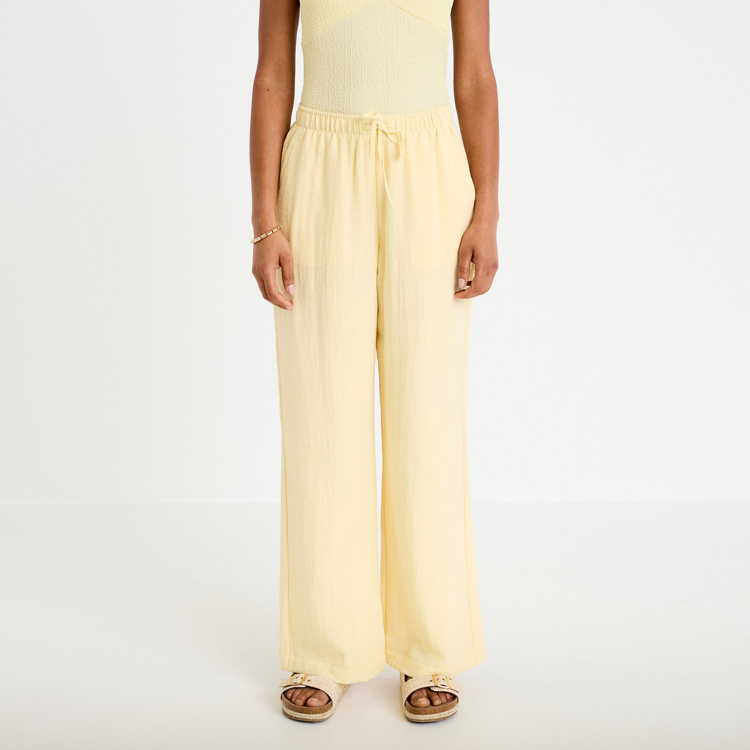 Pantalon large fluide taille &eacute;lastiqu&eacute;e jaune pastel femme