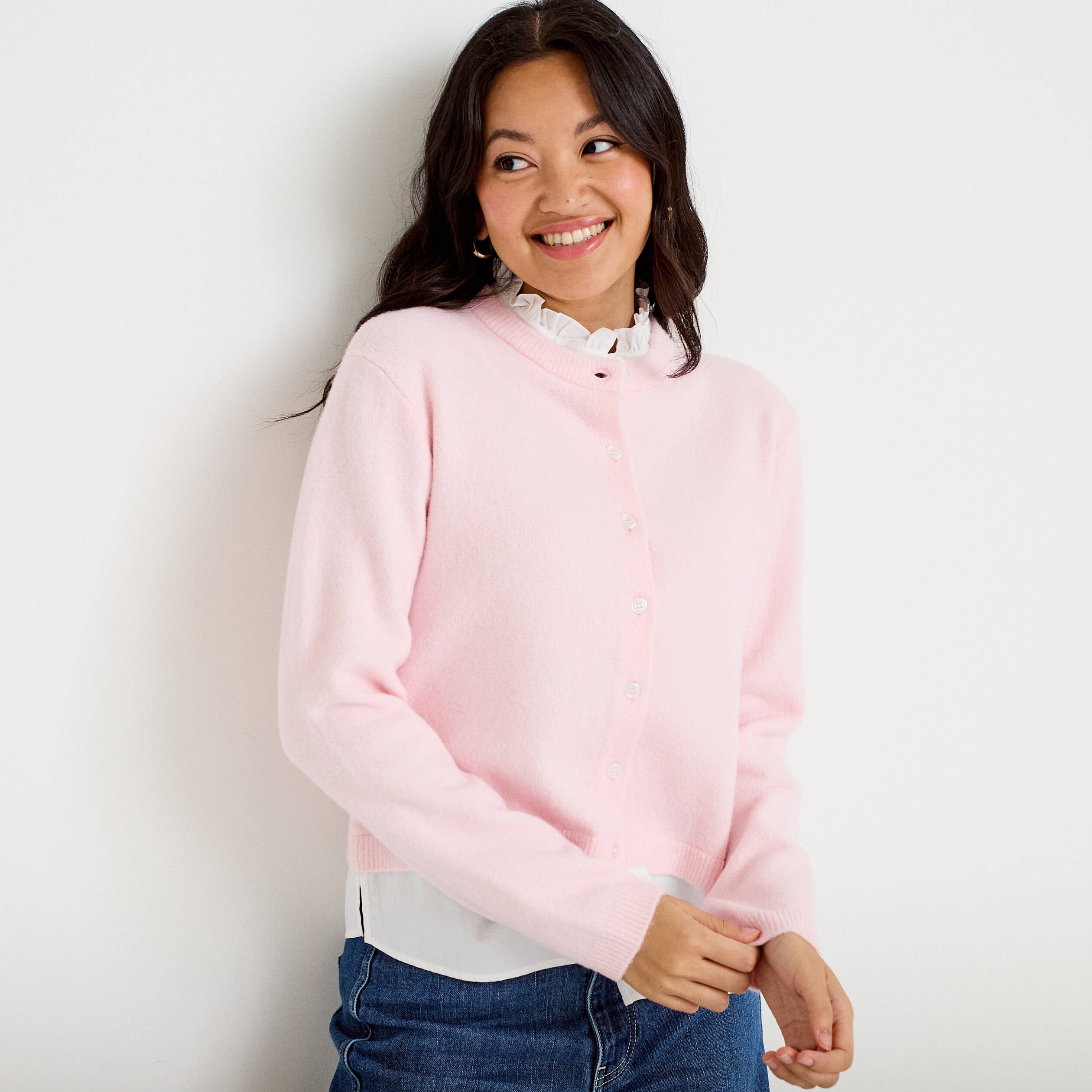 Gilet 2-en-1 col chemise manches longues rose clair femme