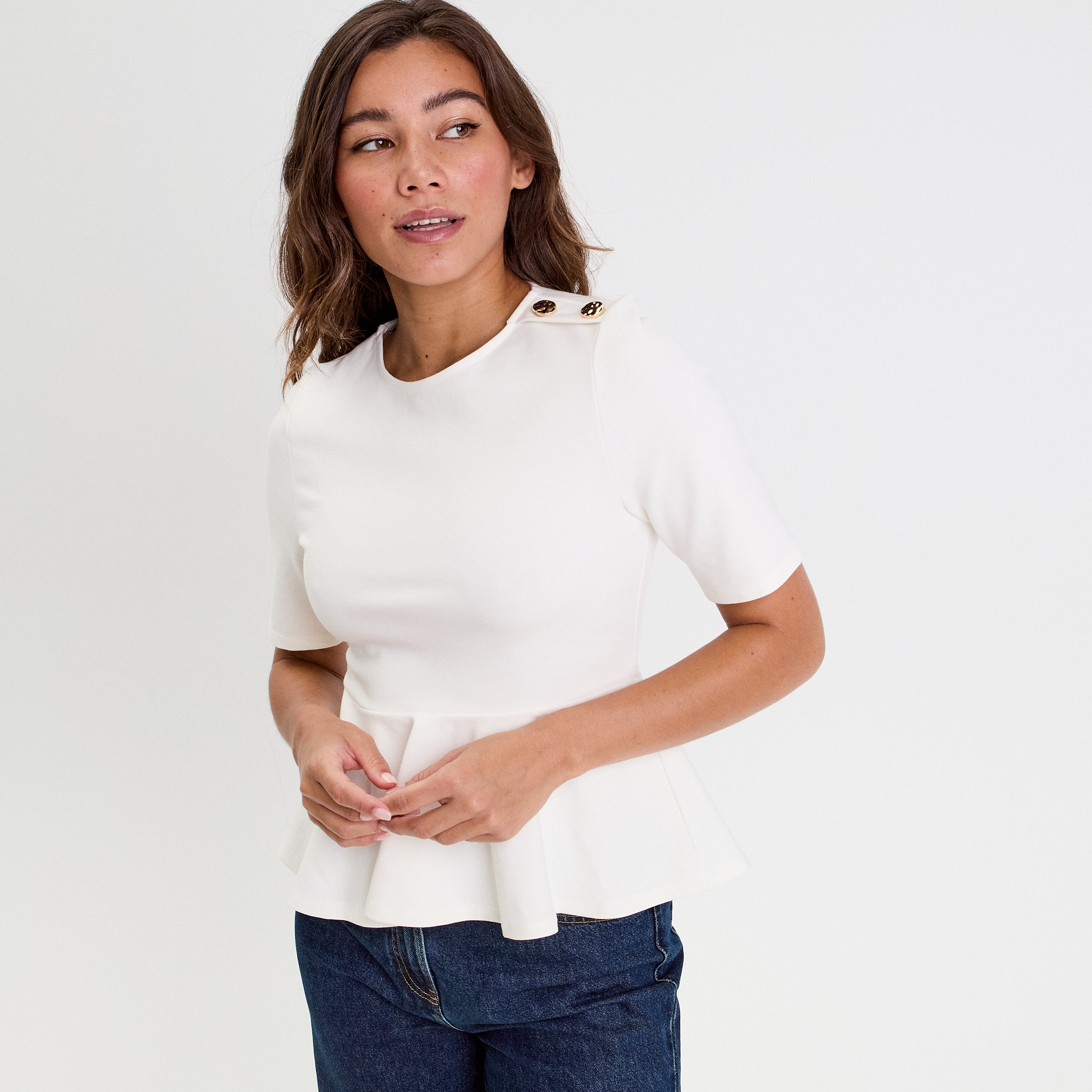 Top cintré col rond manches longues ecru femme Vibs