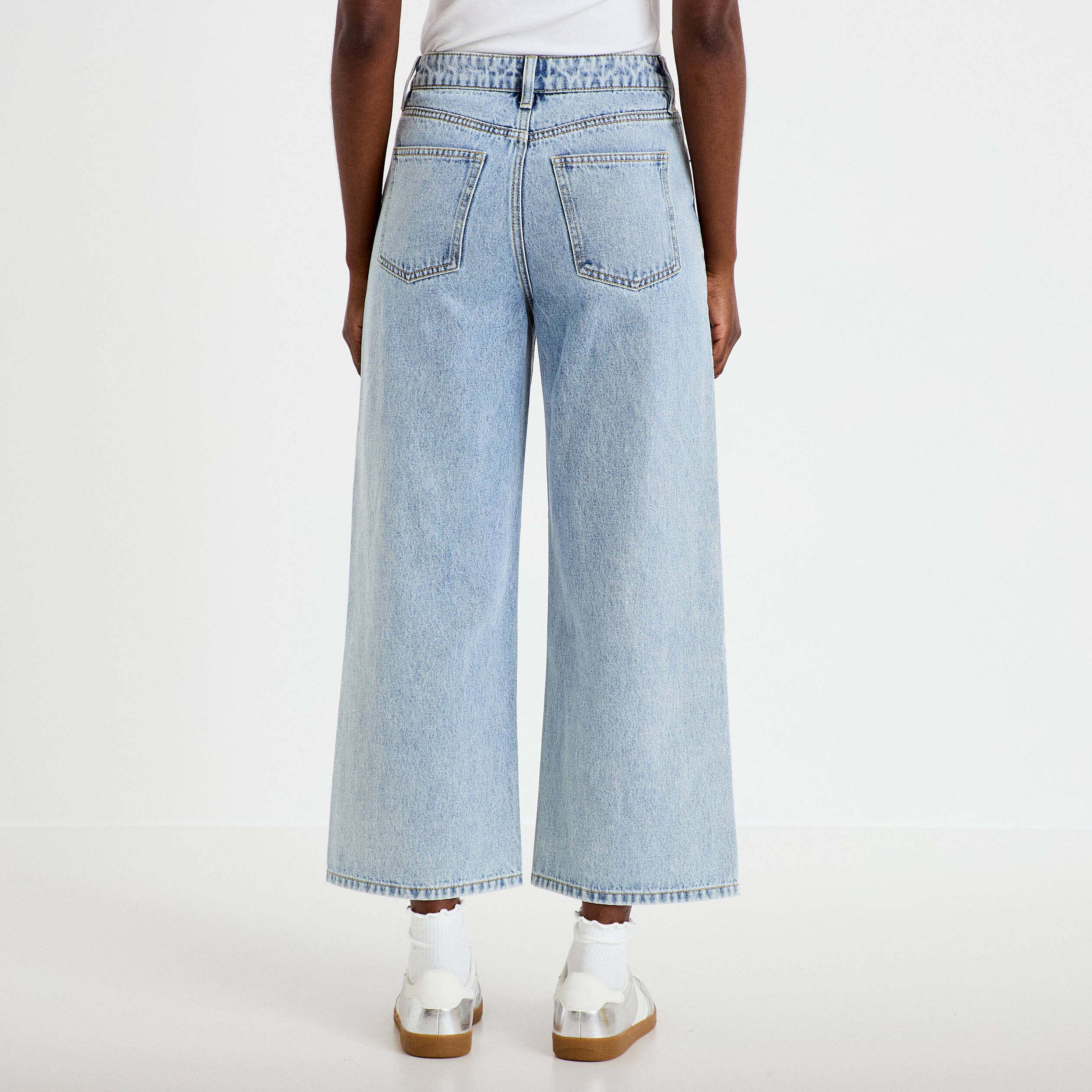 Jean wide leg cropped taille standard denim bleach femme