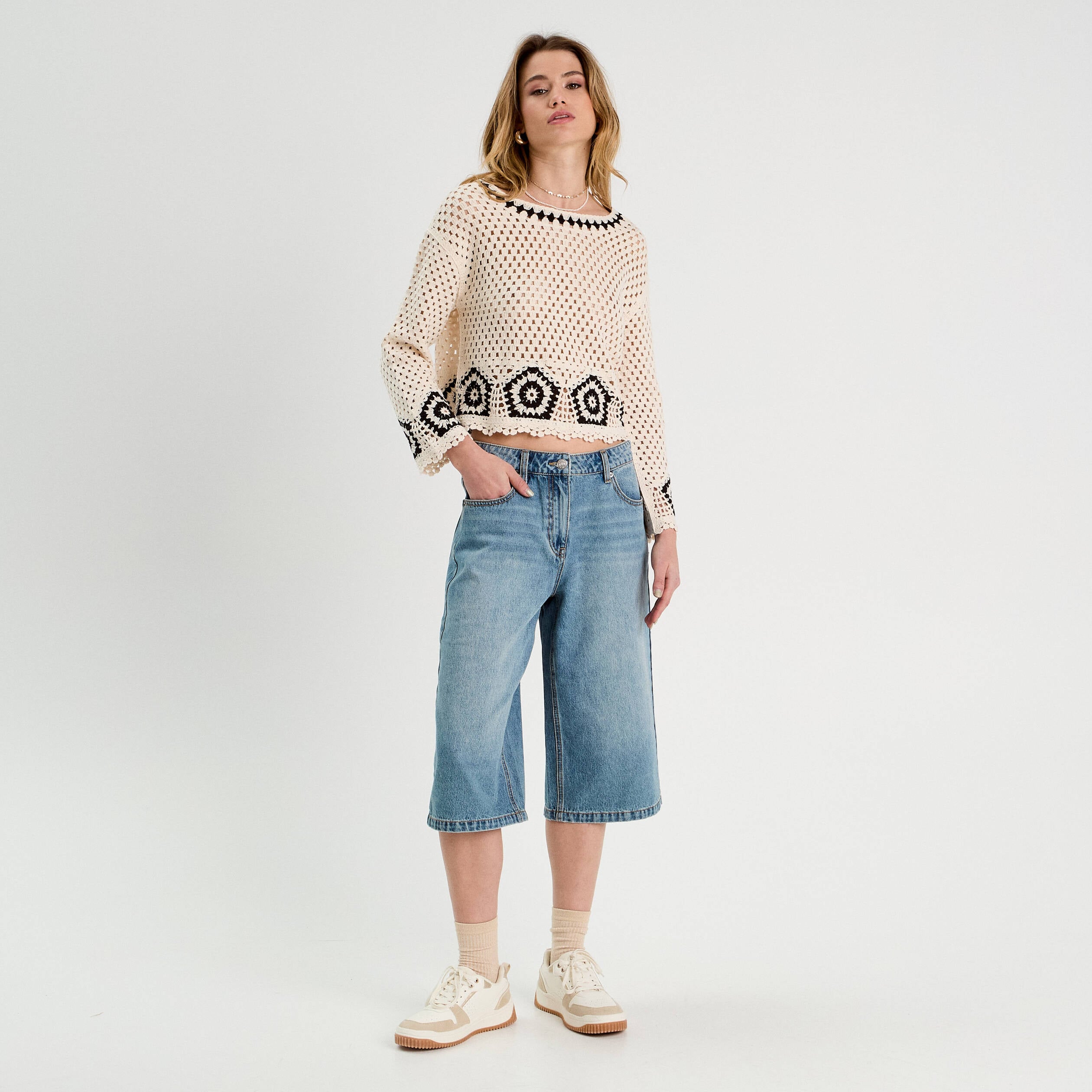 Pull effet crochet beige femme