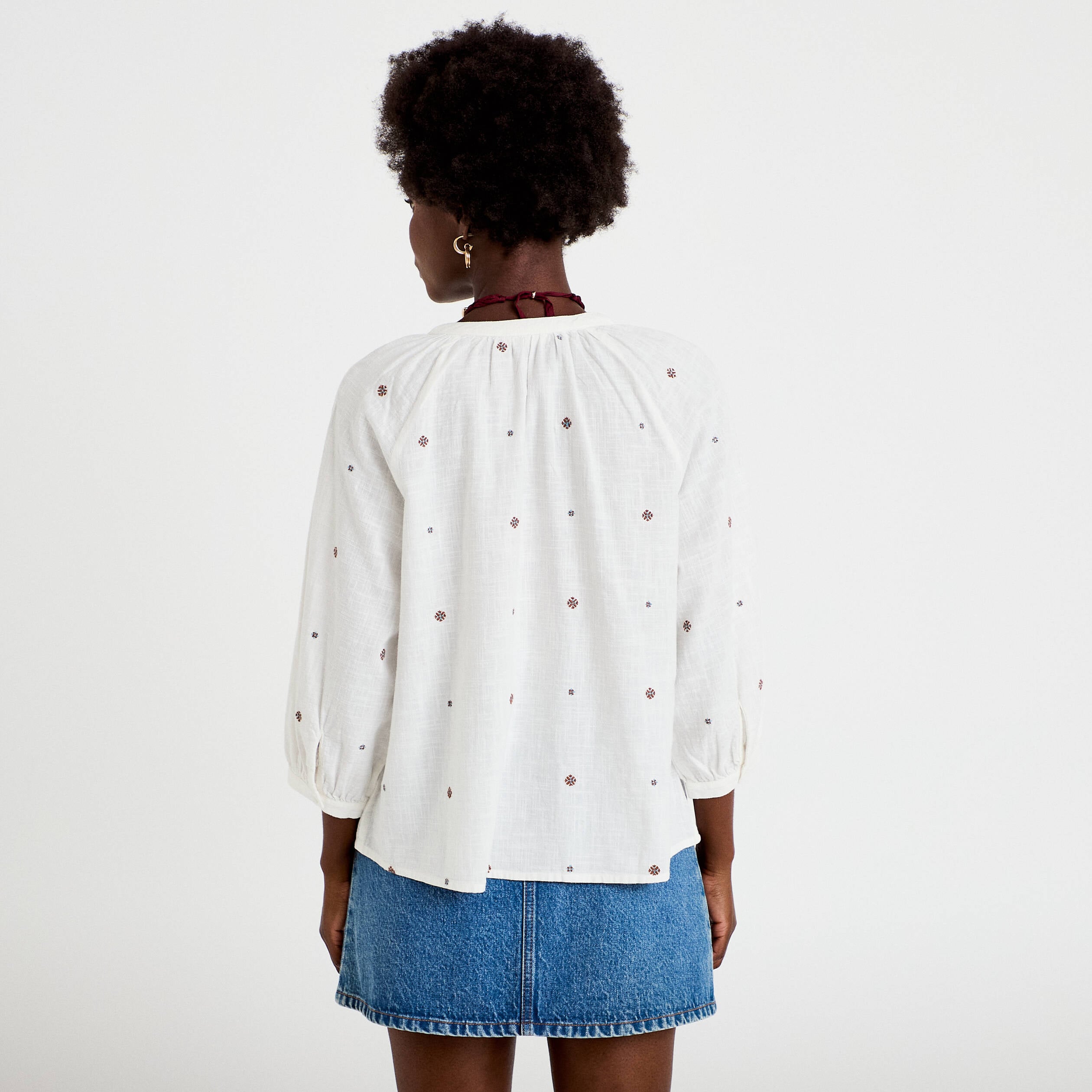 Blouse ample col tunisien manches 3/4 ecru femme