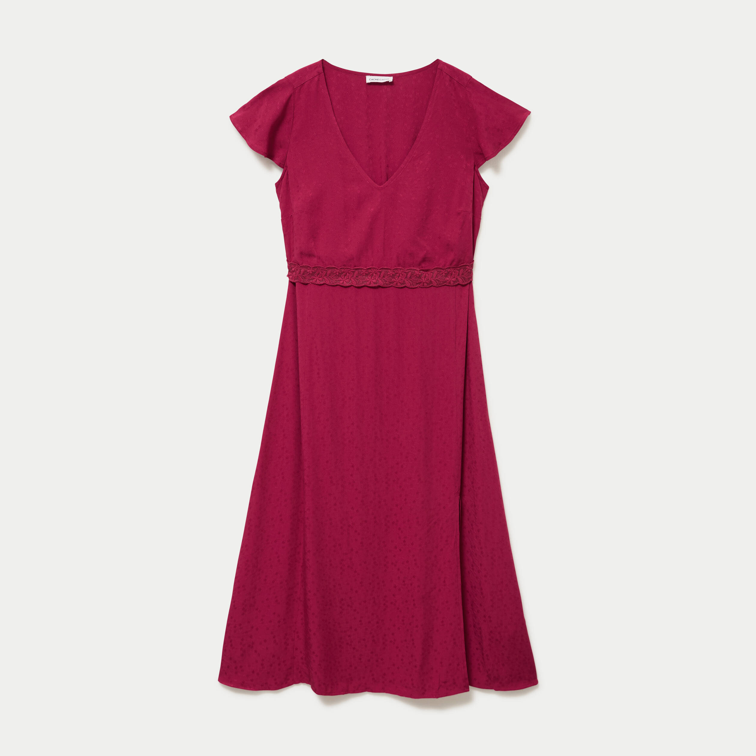 Robe longue droite col v manches courtes rouge femme