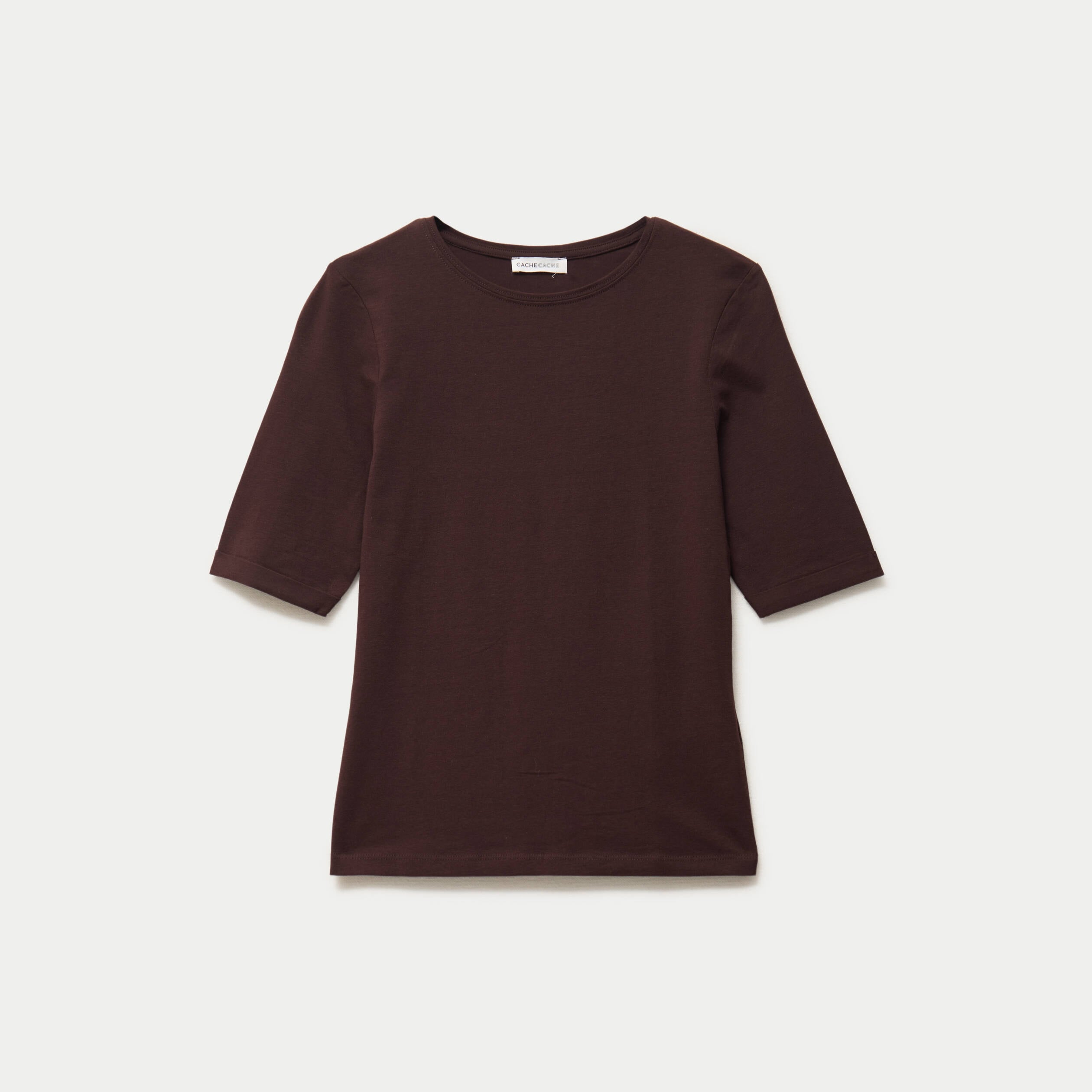 T-shirt ajust&eacute; col rond manches courtes marron fonc&eacute; femme