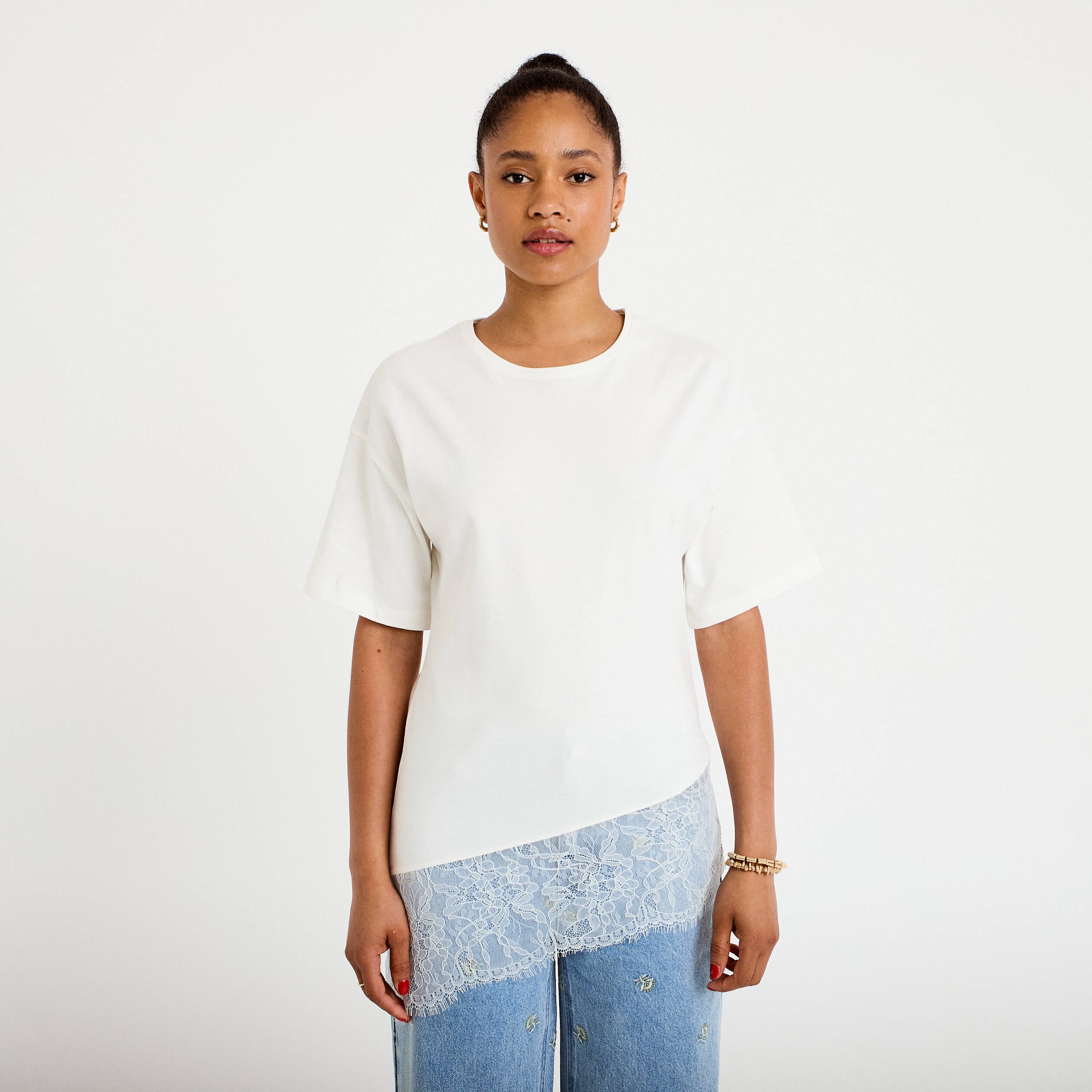 T-shirt oversize longue dentelle ecru femme