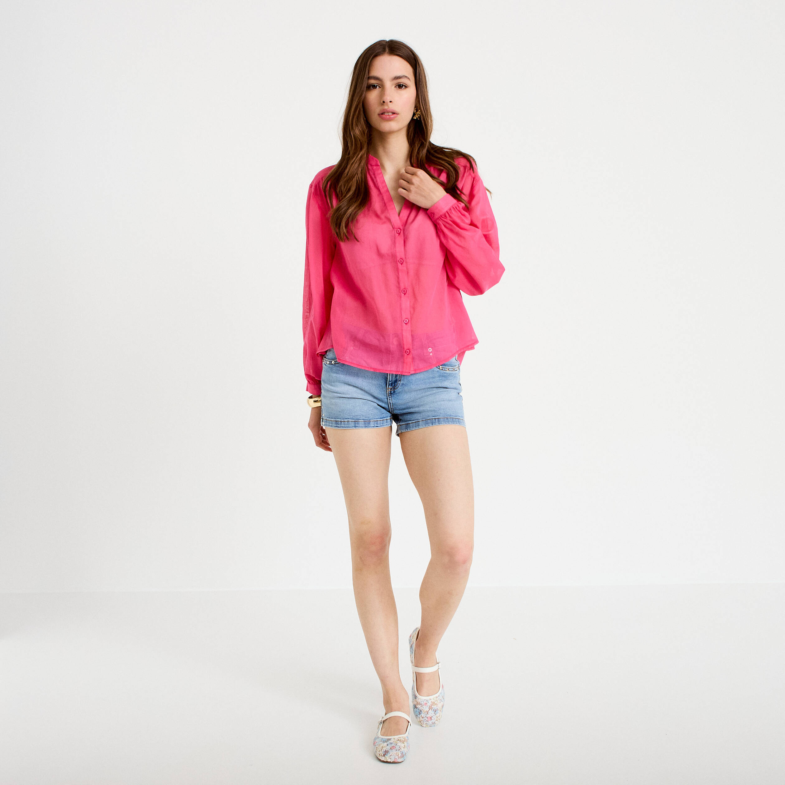 Blouse oversize manches longues rose fushia femme