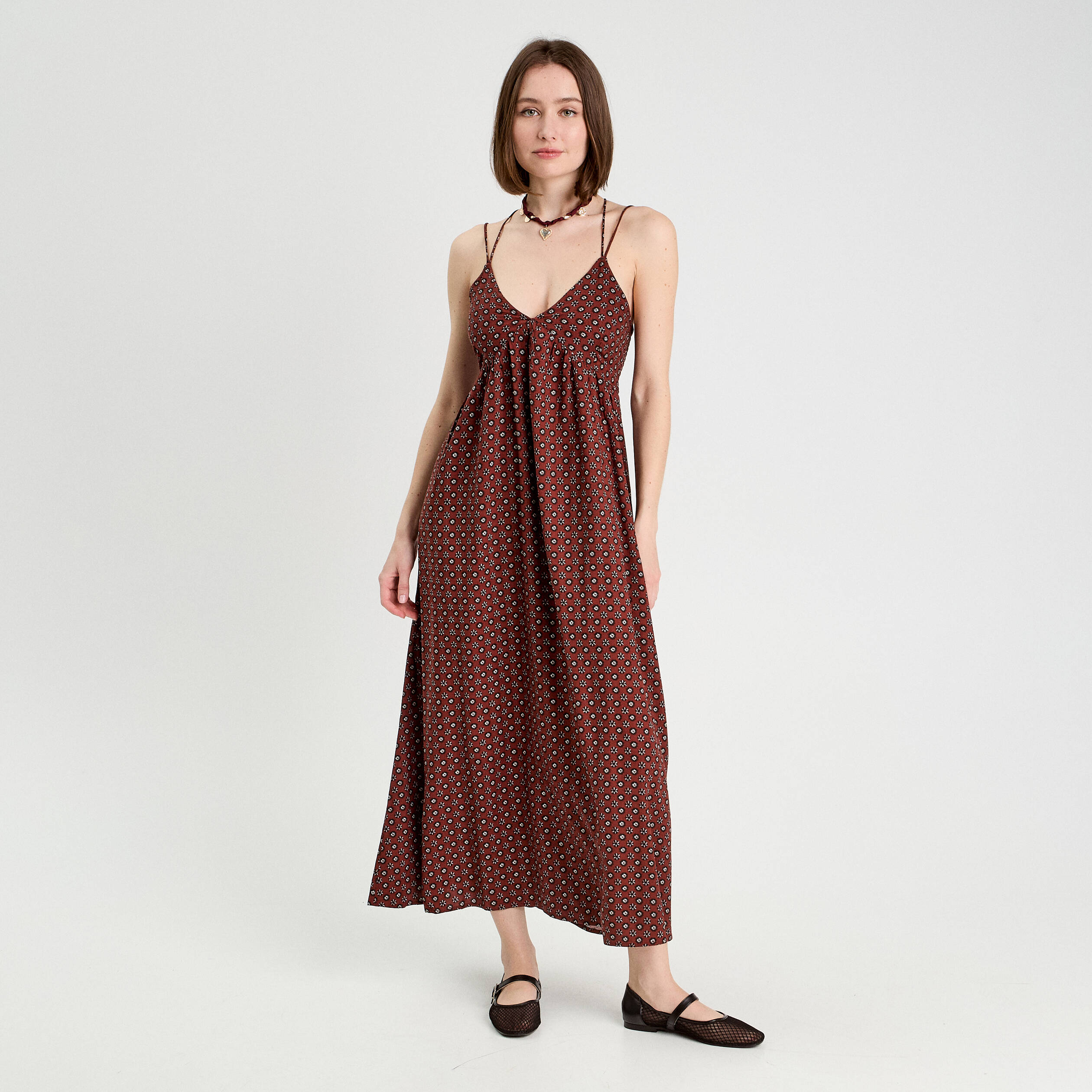 robe longue evasee bretelles marron cognac femme Robe longue évasée bretelles marron cognac femme