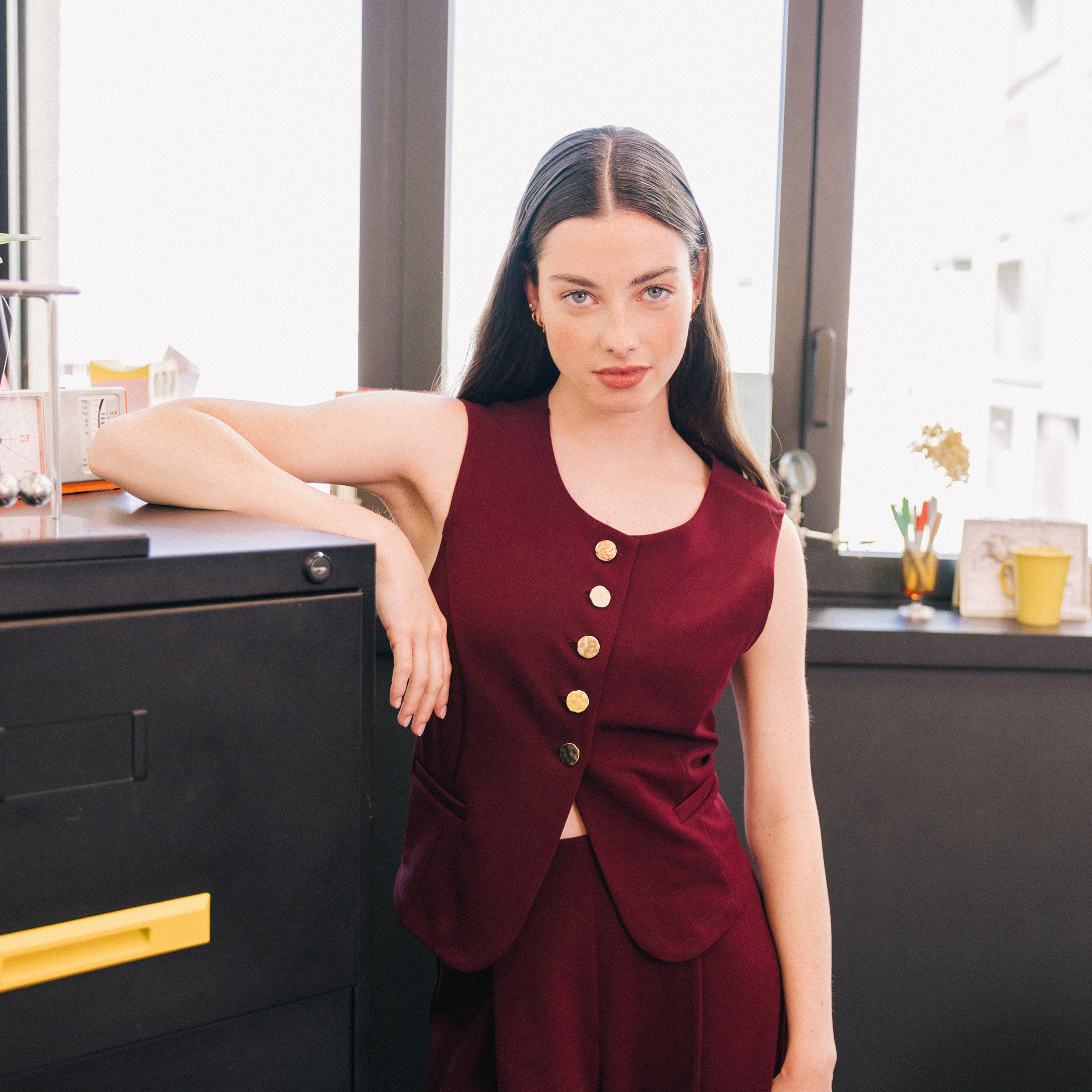 Gilet sans manches col rond bordeaux femme