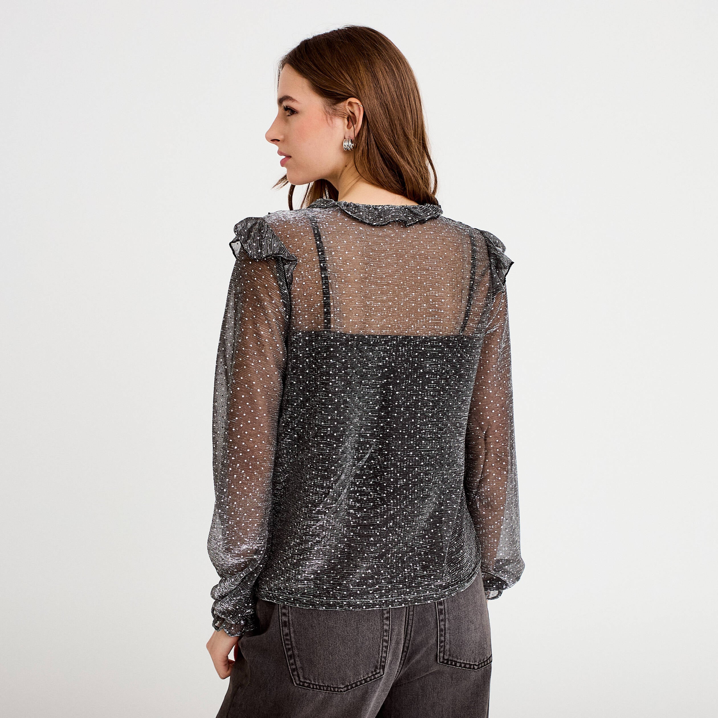 Blouse voile transparent paillet&eacute; gris argent femme