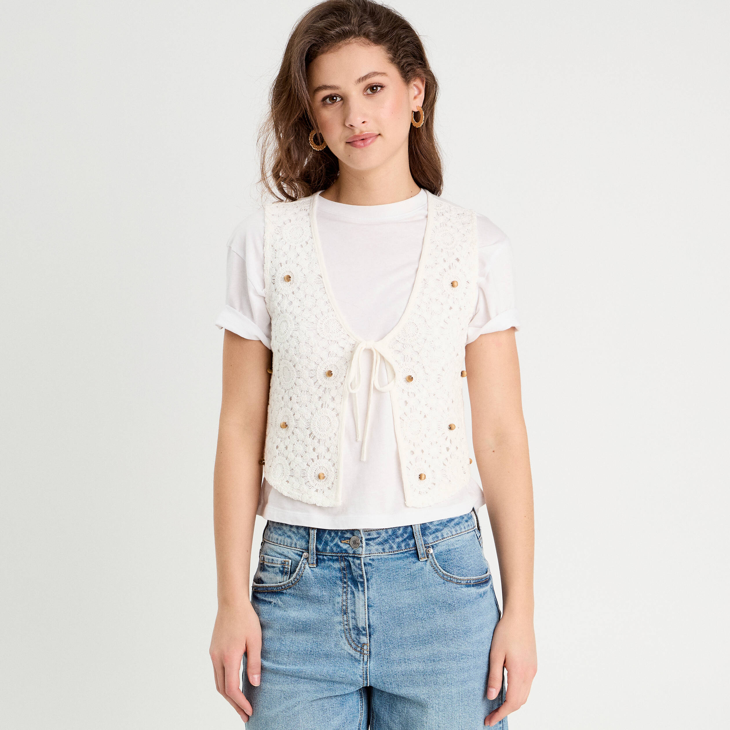 Gilet nou&eacute; effet crochet ecru femme