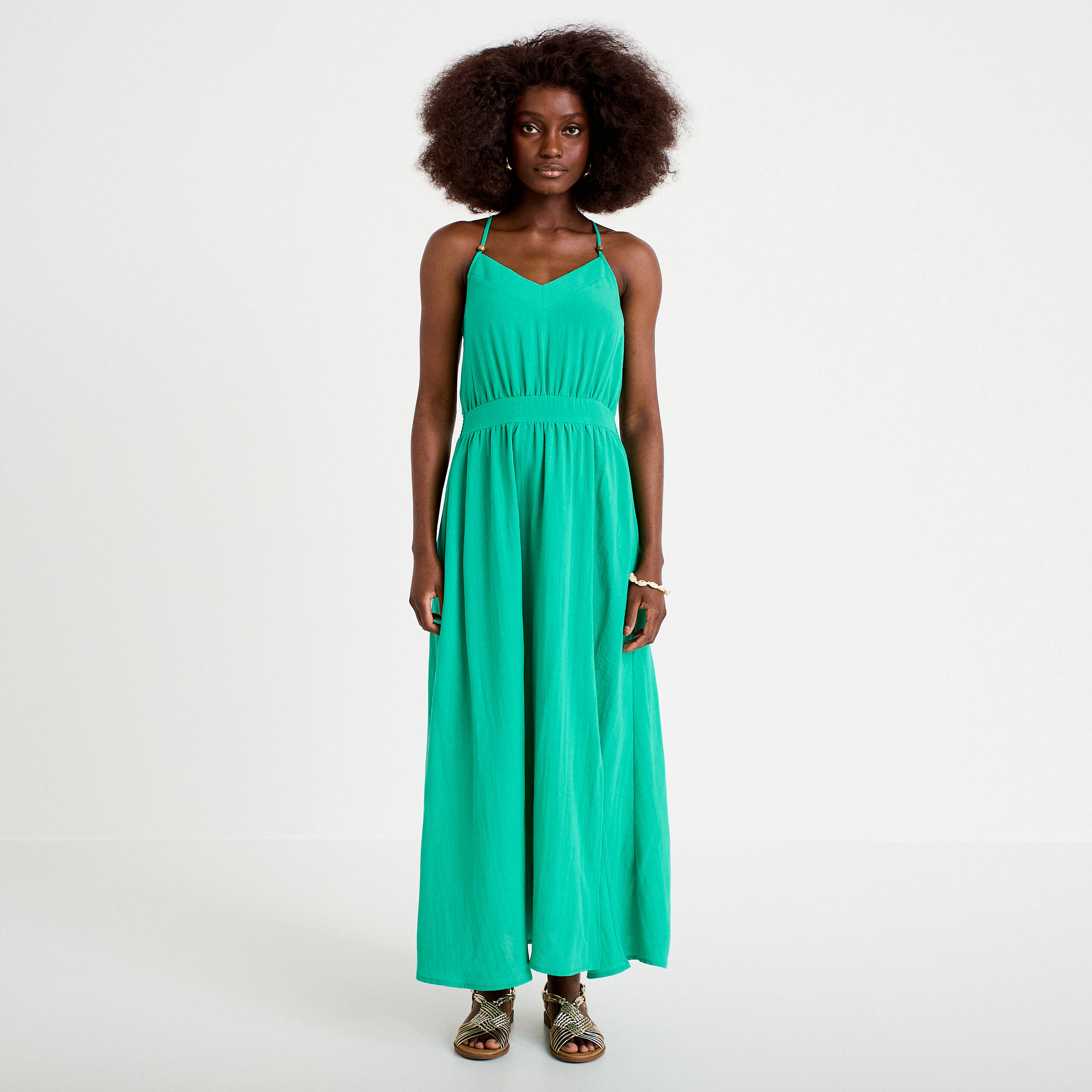 Robe &eacute;vas&eacute;e 3/4 col v bretelles vert femme