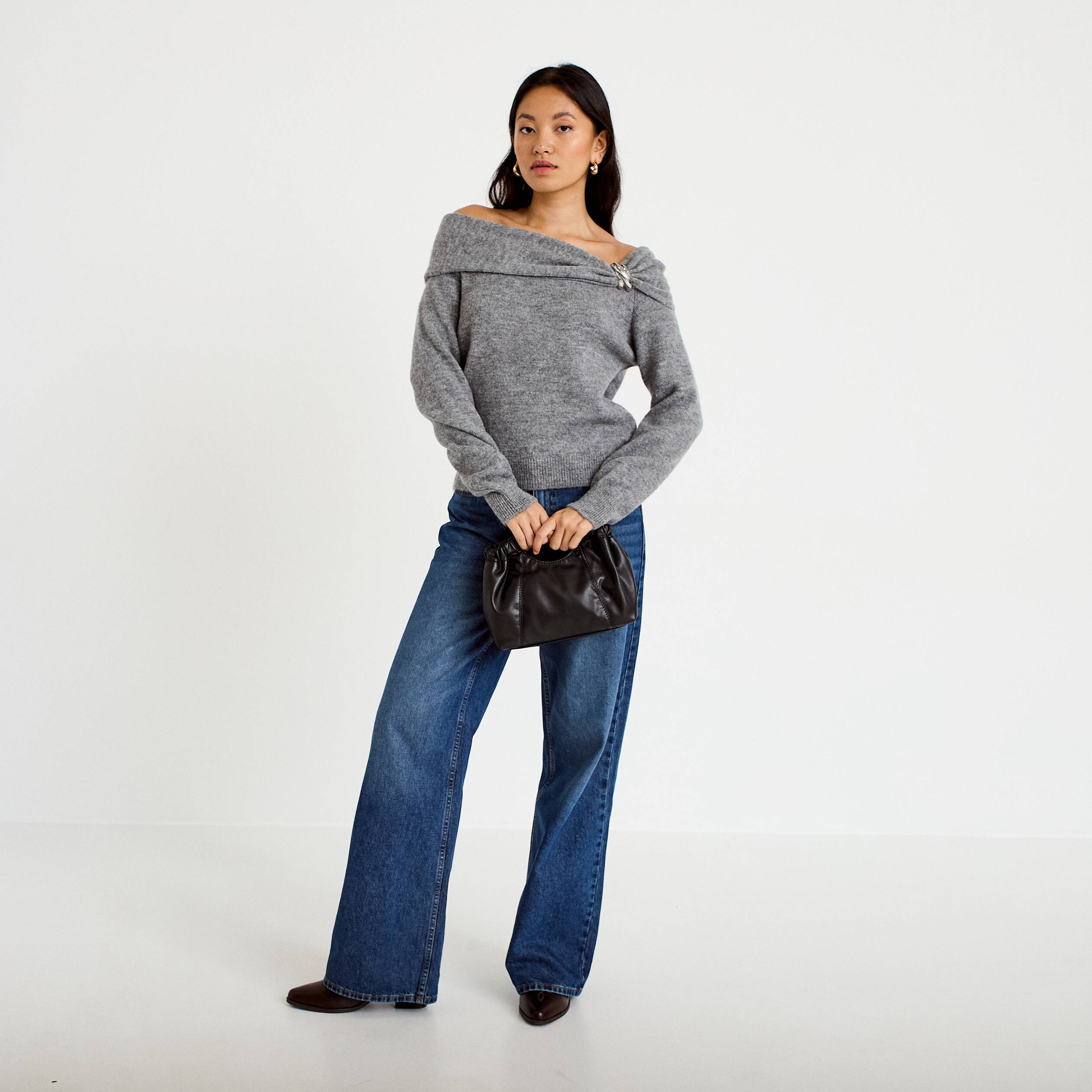 Pull col bardot manches longues gris femme
