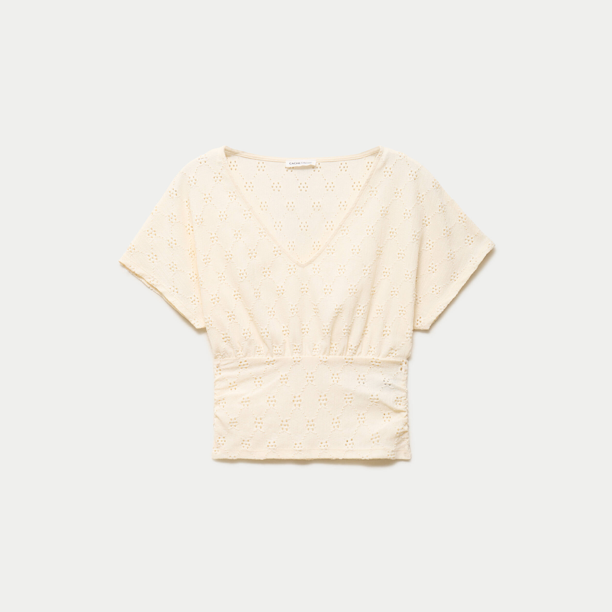 T-shirt ajour&eacute; col v manches courtes ecru femme