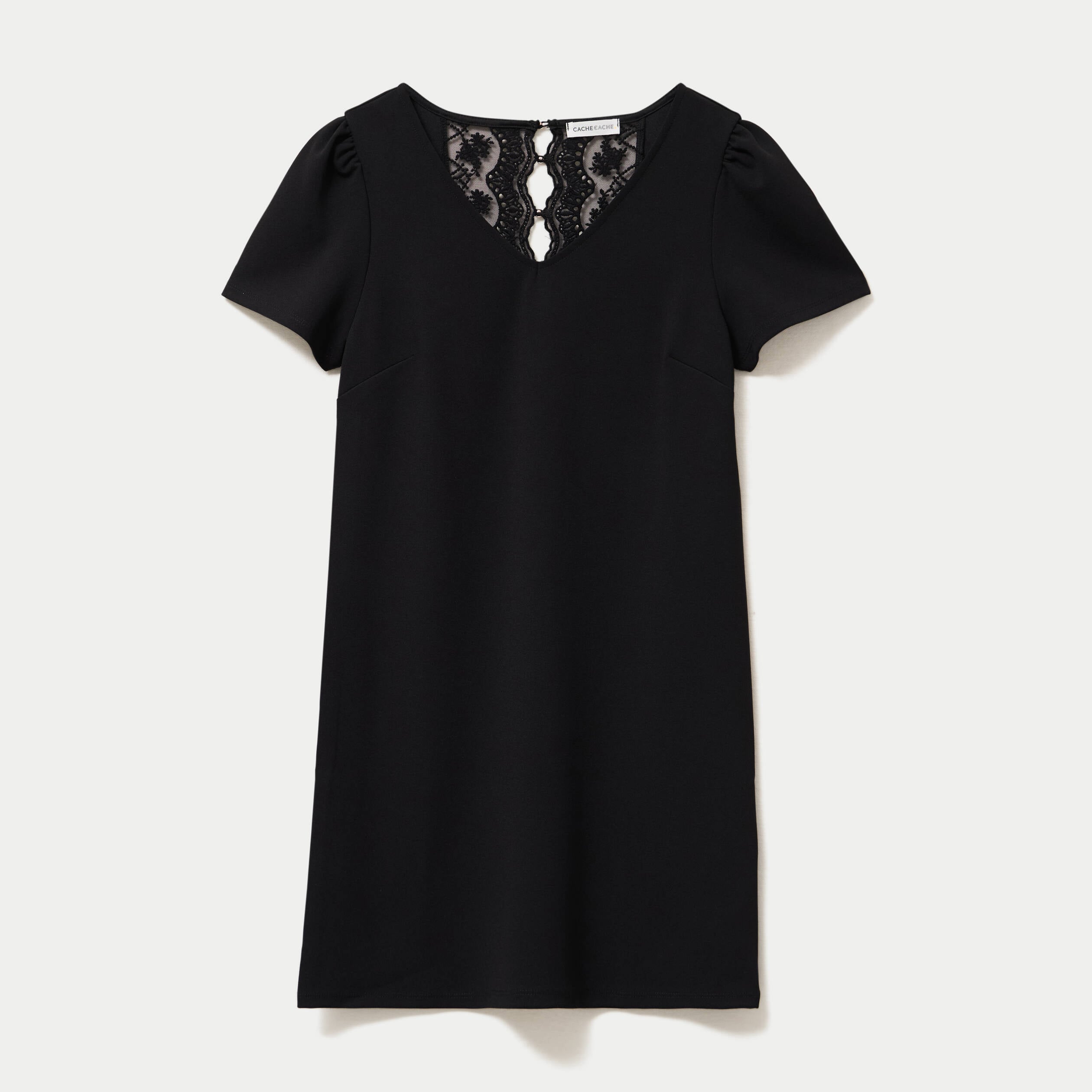 Robe droite courte en maille col rond noir femme