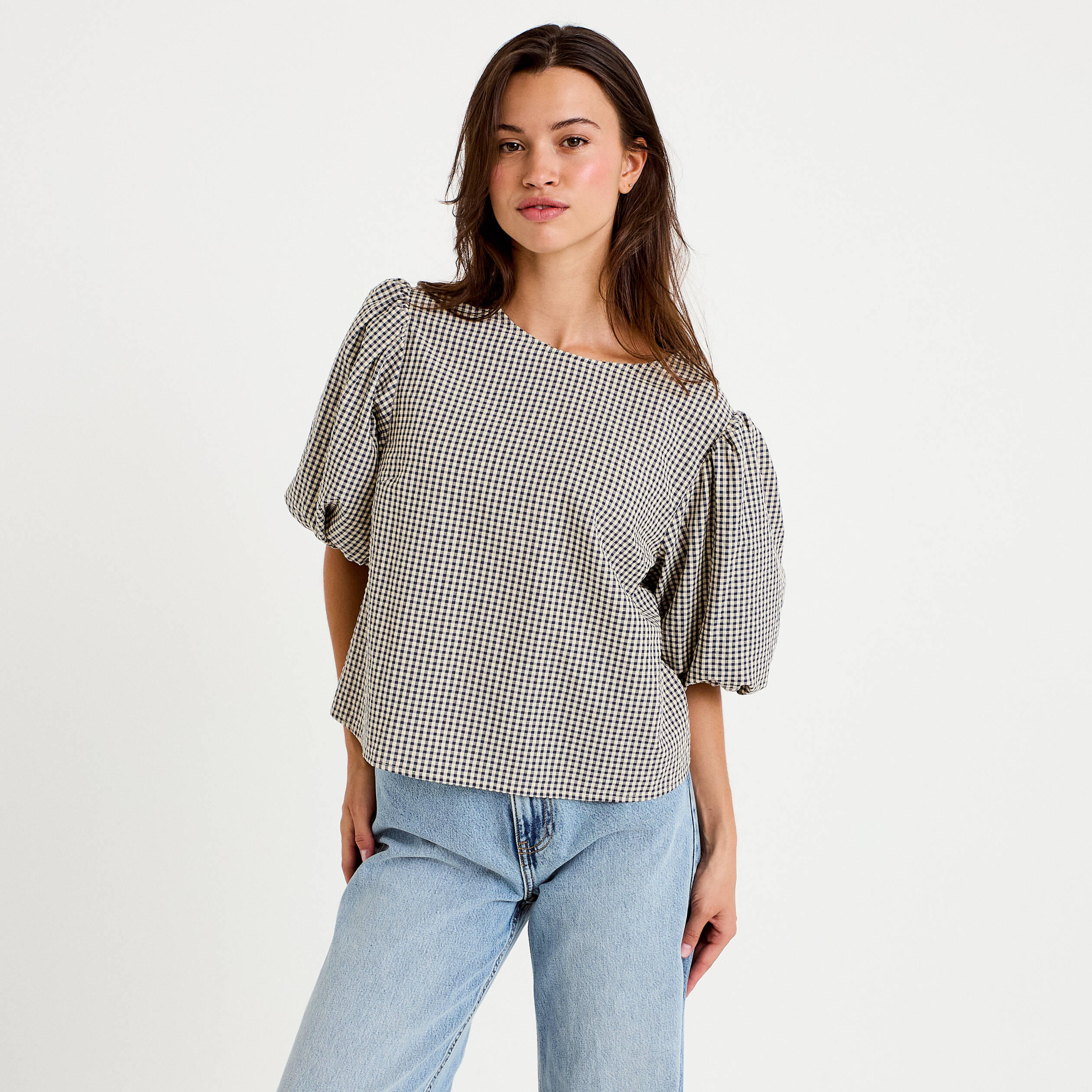 Blouse effet boule manches courtes bleu femme