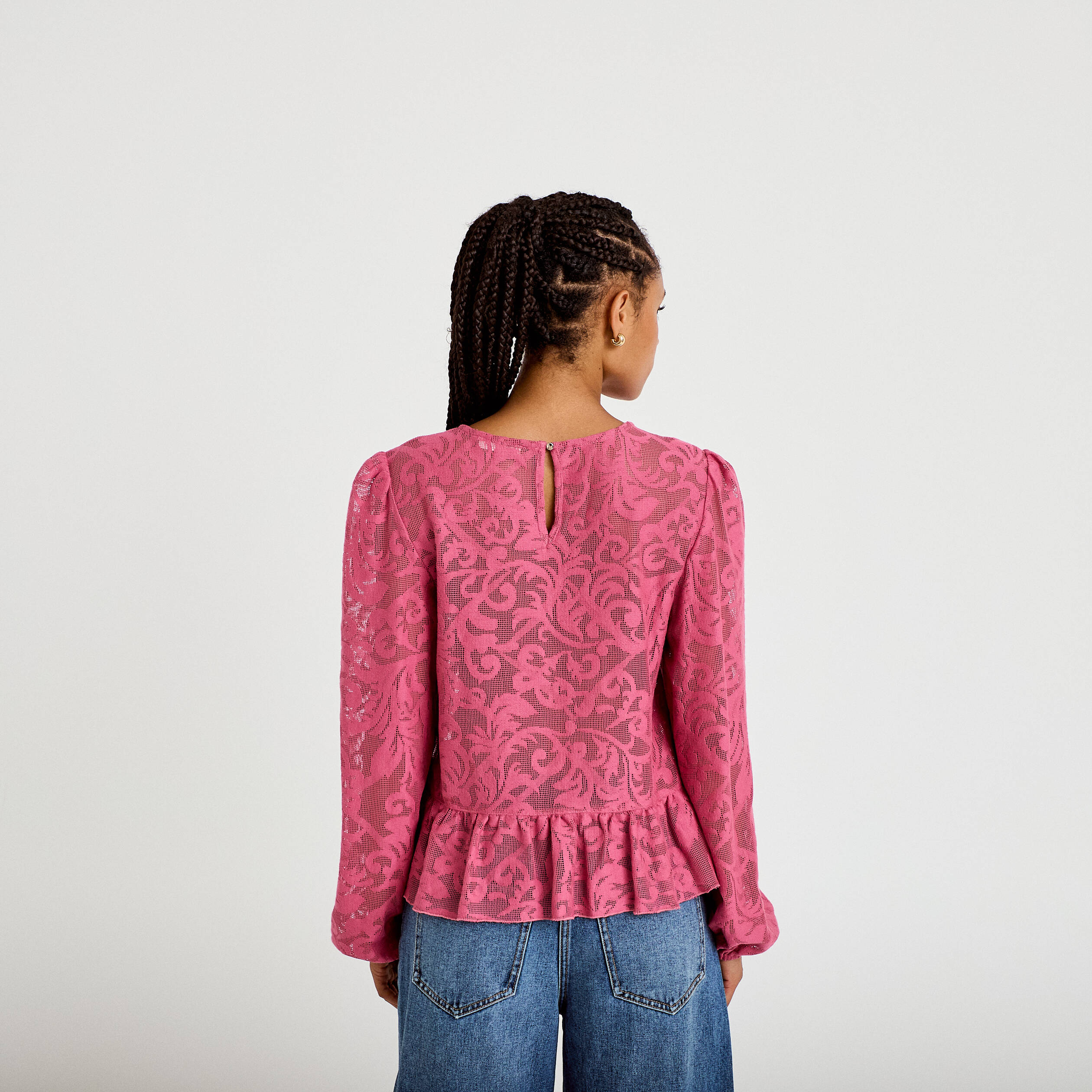 Blouse en dentelle manches longues vieux rose femme