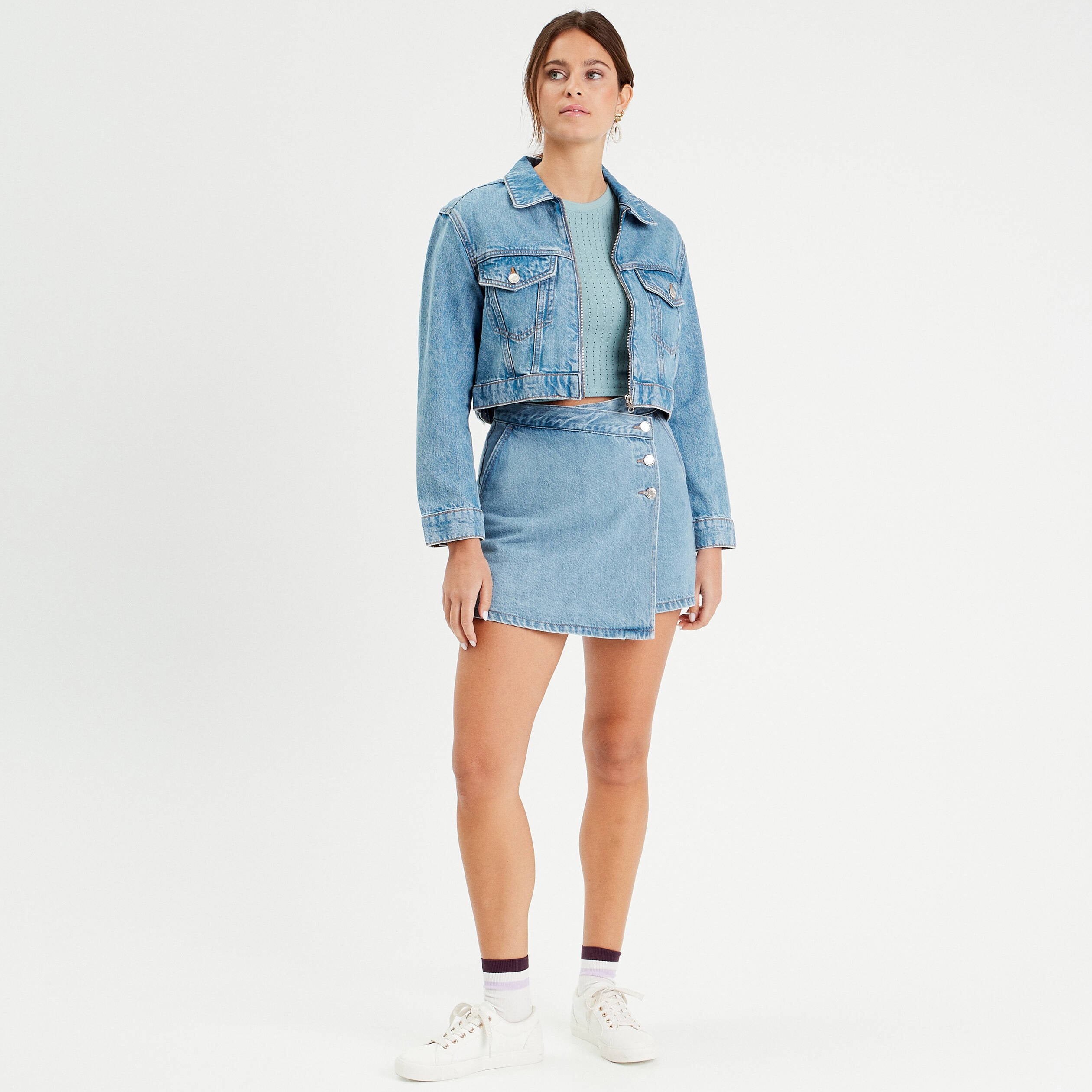 Jupe-short droite en jean denim double stone femme