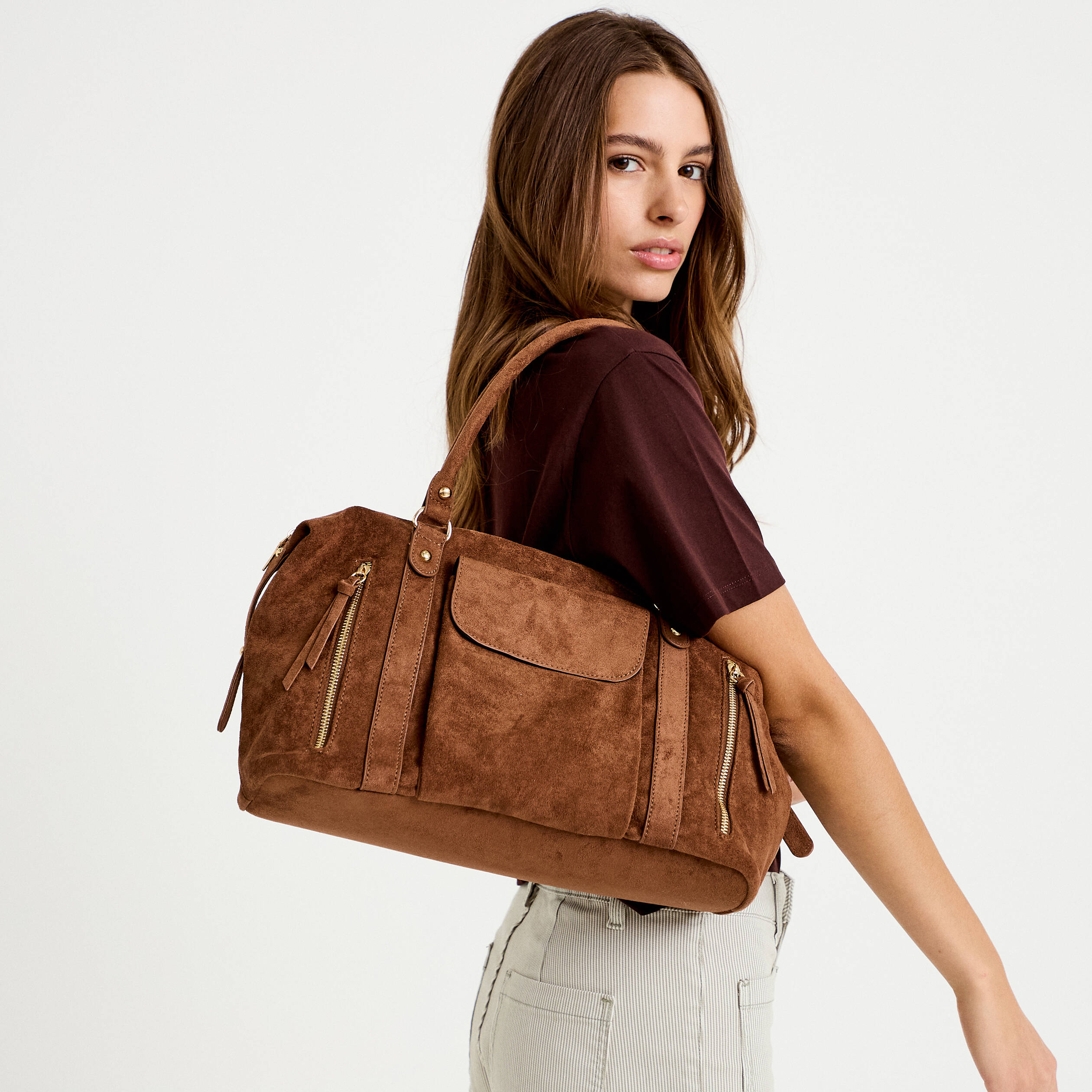 Sac aspect daim camel femme