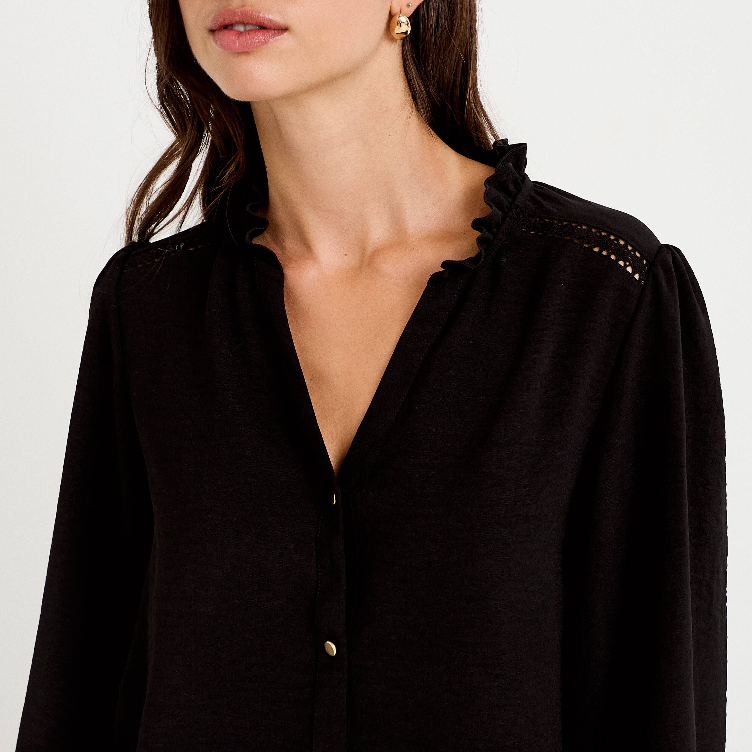 Blouse droite col v manches longues noir femme