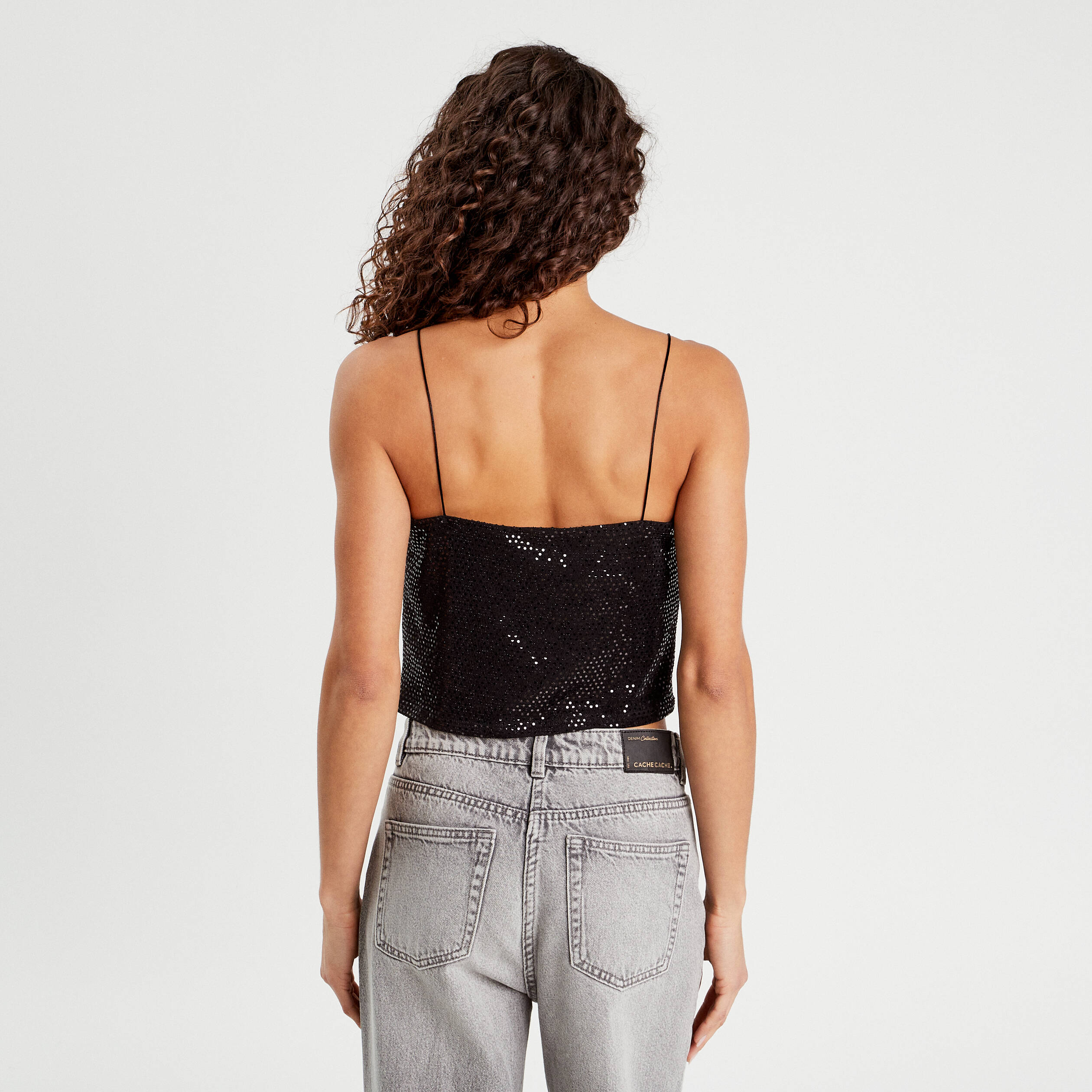 D&eacute;bardeur cropped paillettes noir femme