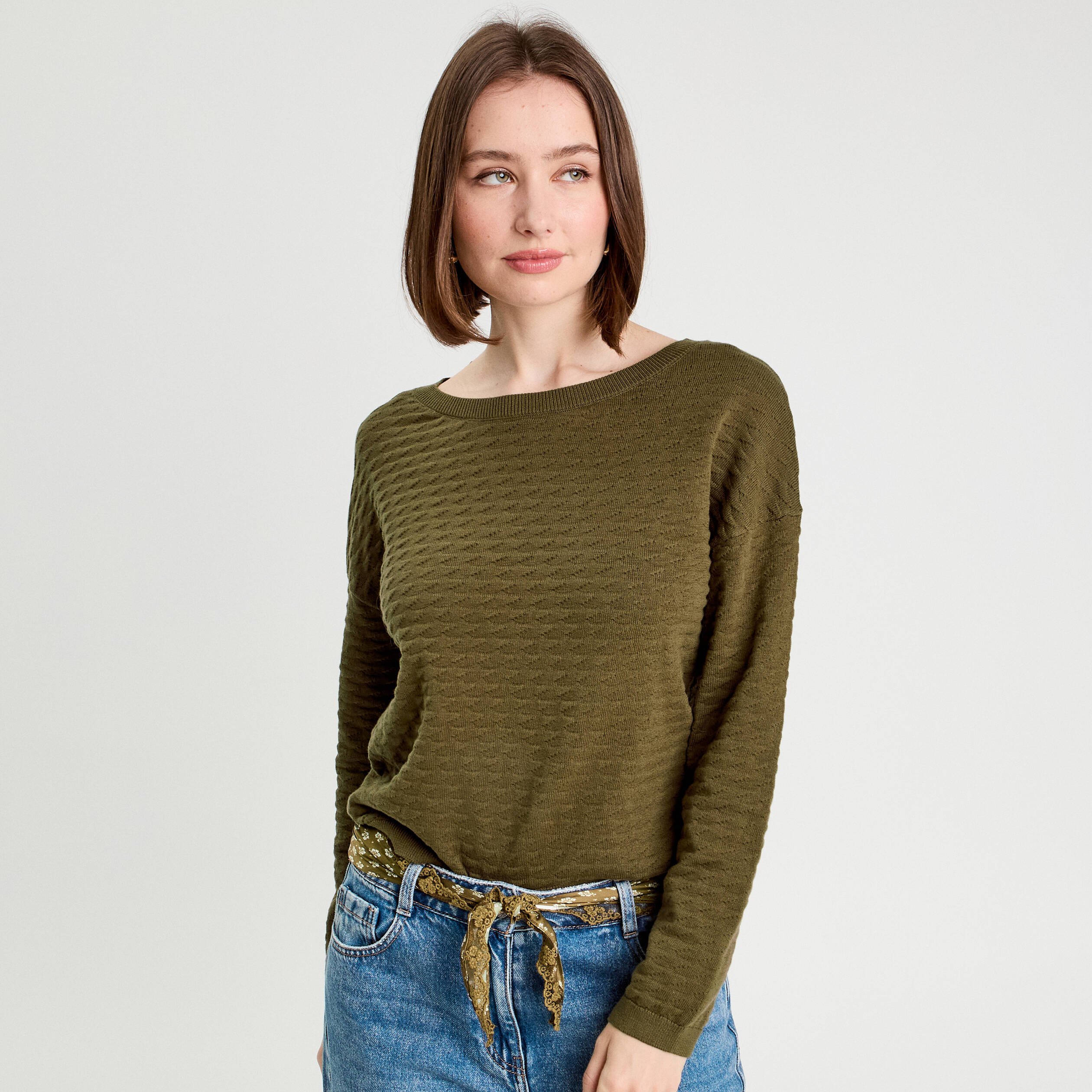pull col bateau vert kaki femme Pull col bateau vert kaki femme