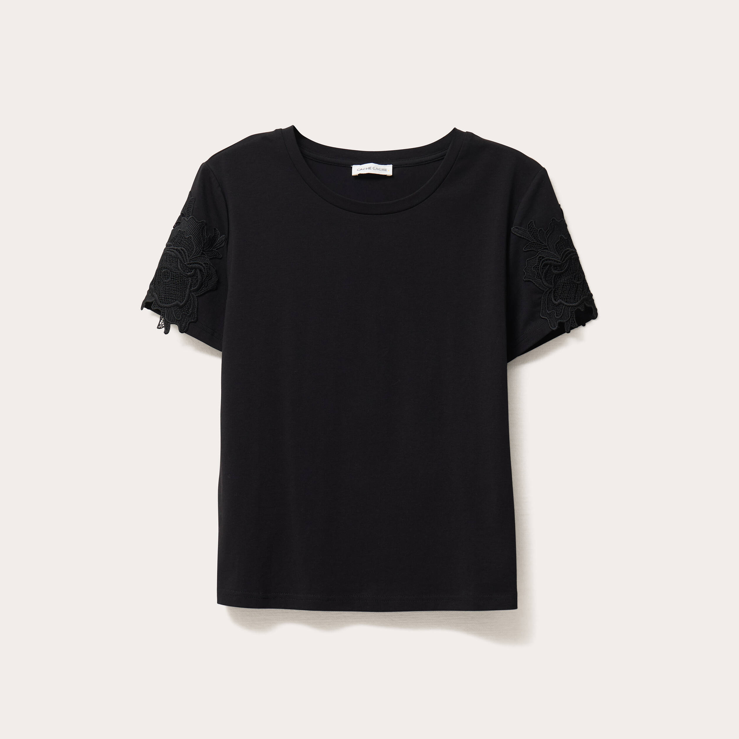 t shirt manches courtes brode noir femme T-shirt manches courtes brodé noir femme