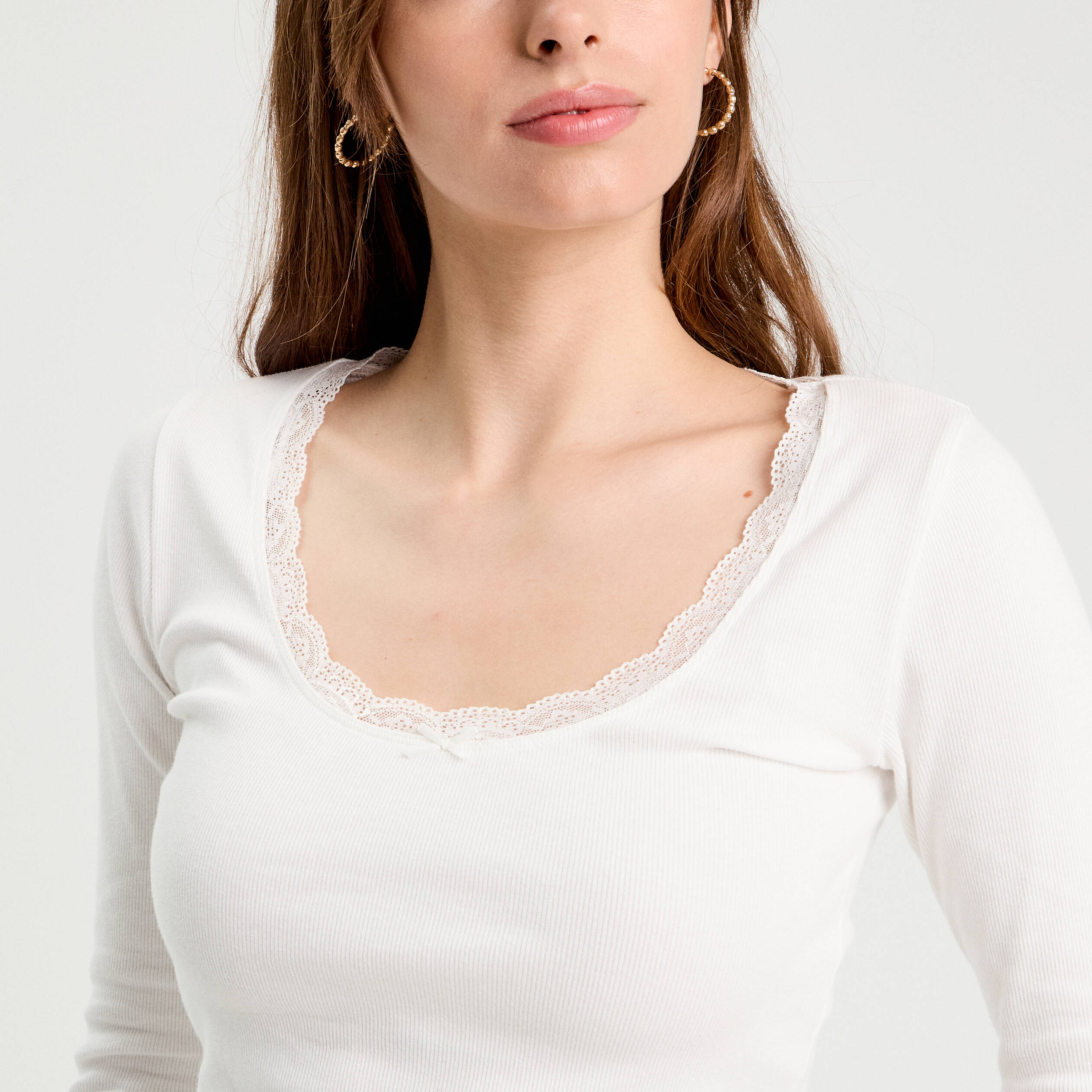 T-shirt manches longues côtelé ecru femme
