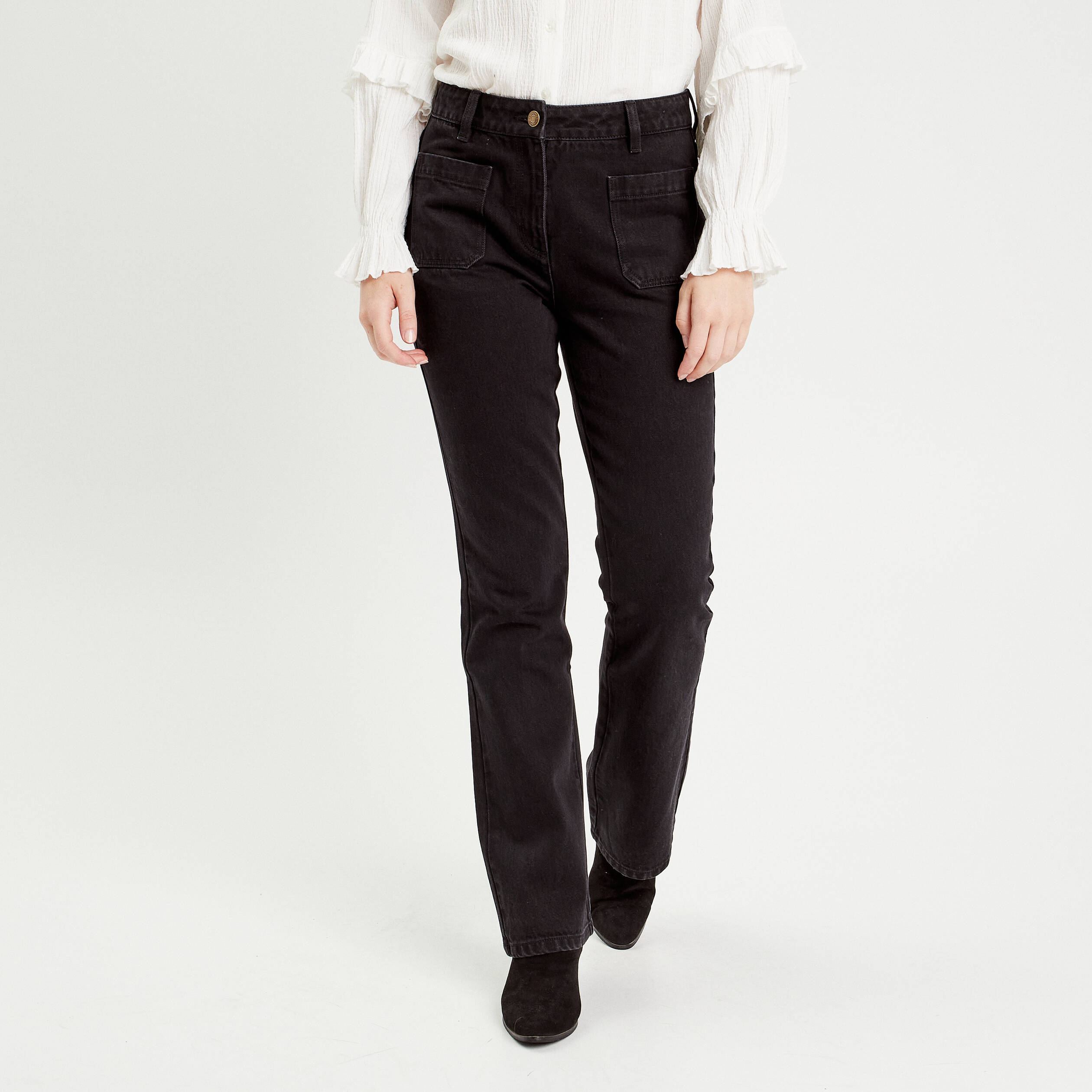 Jeans flare poches plaqu&eacute;es denim noir femme