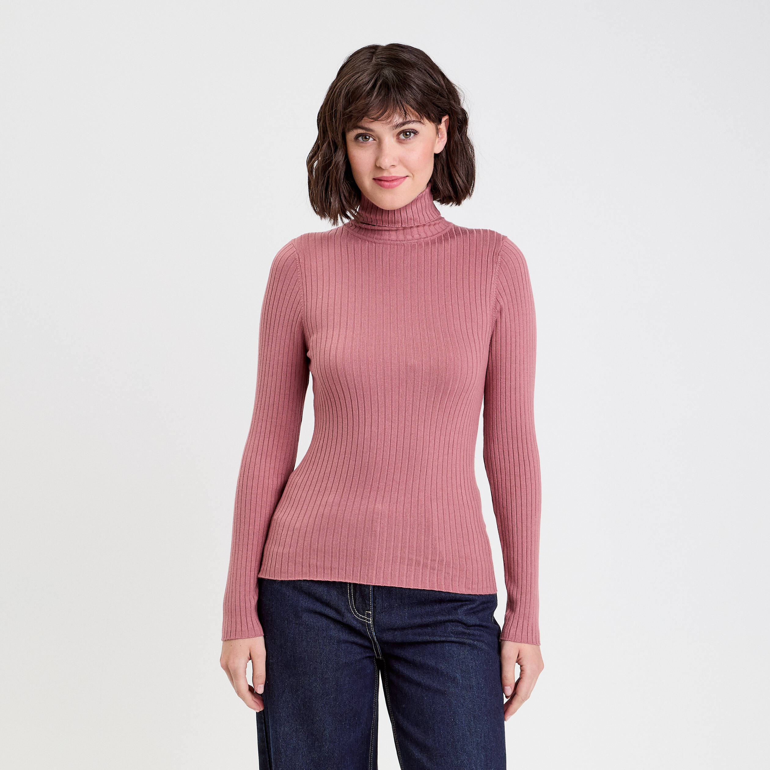 Pull côtelé col roulé vieux rose femme | Vibs