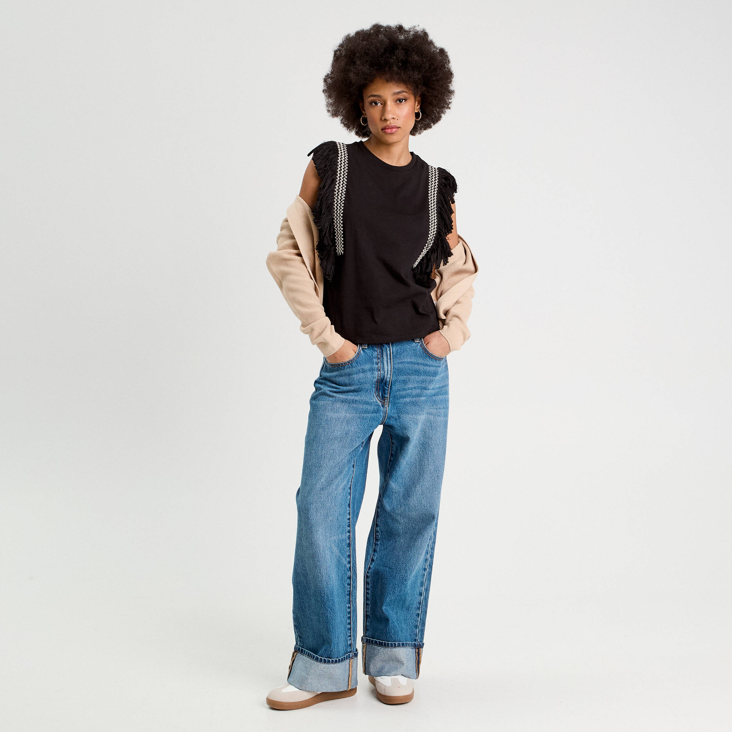 T-shirt avec franges noir femme