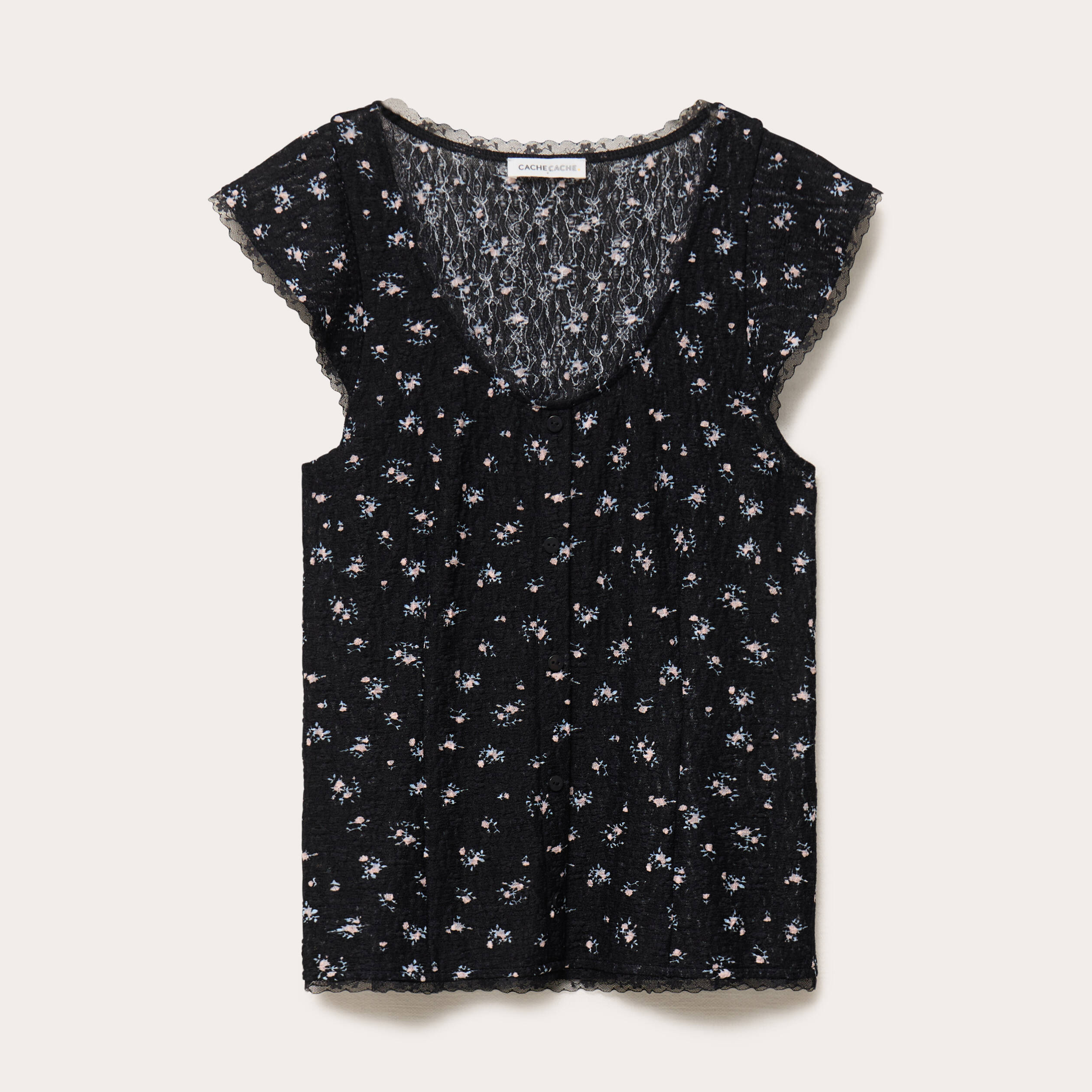 Top boutonn&eacute; d&eacute;tails dentelle noir femme