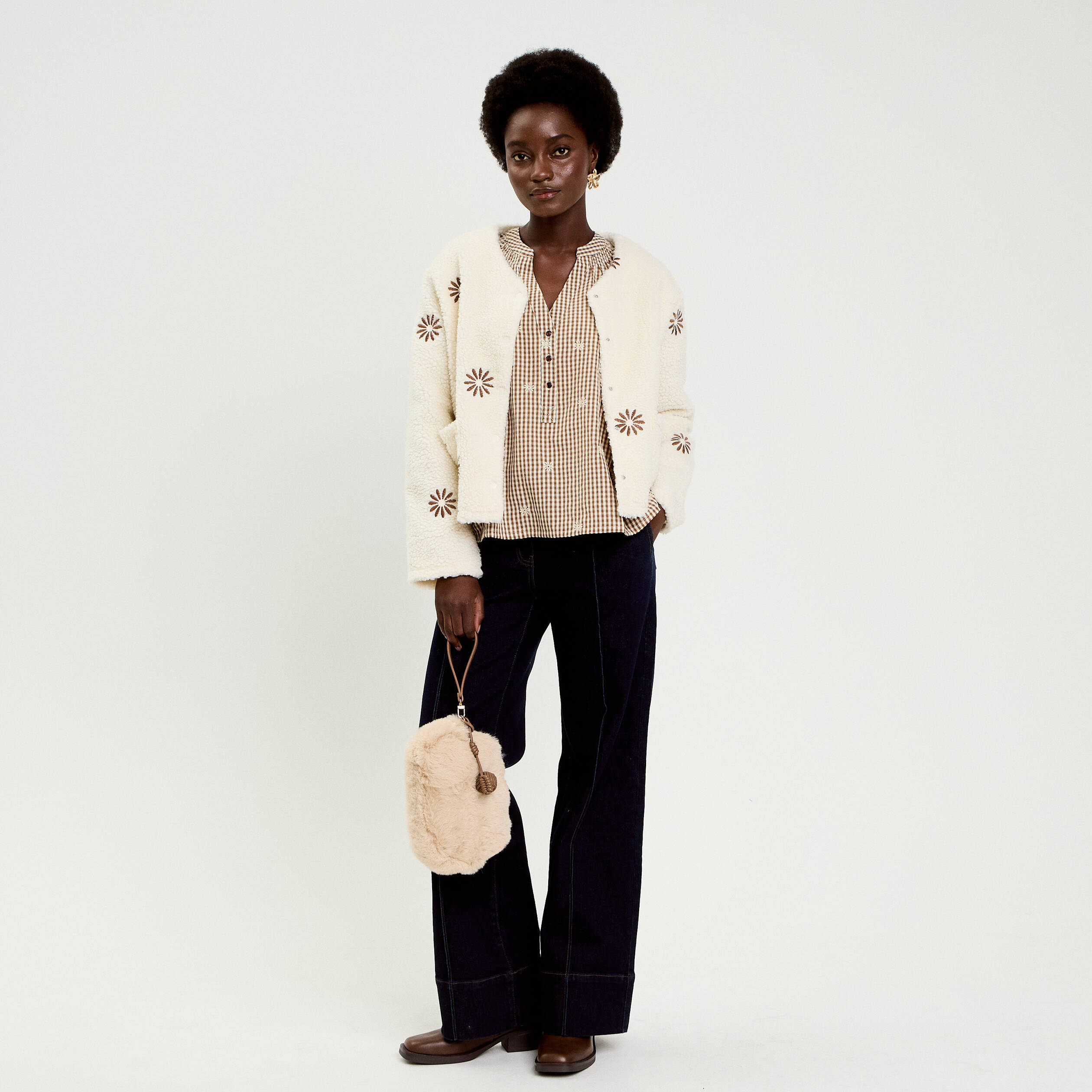 Blouse vichy brod&eacute;e blanc femme