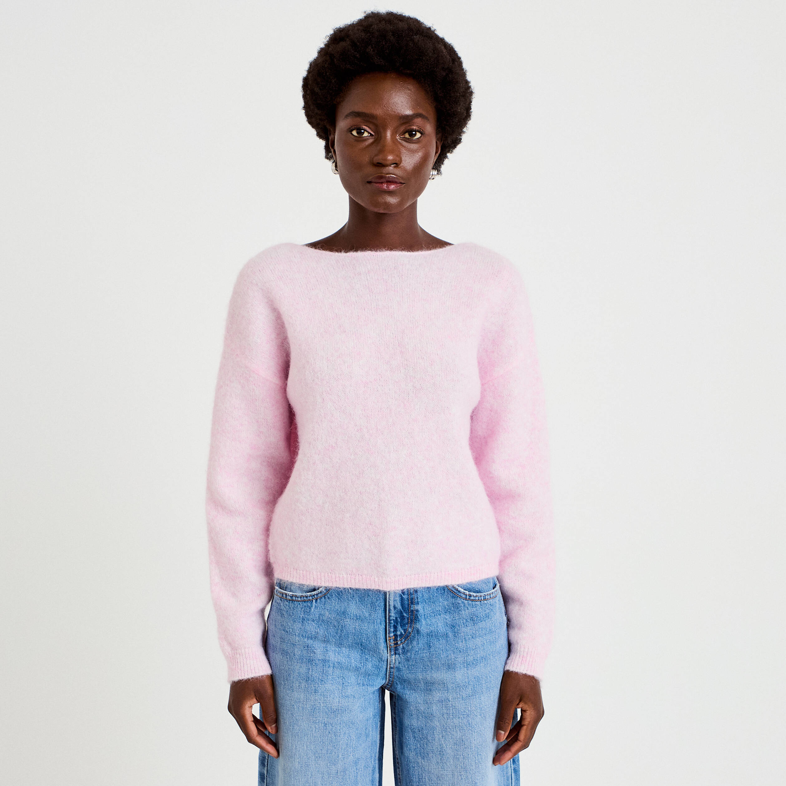 Pull col rond manches longues rose clair femme
