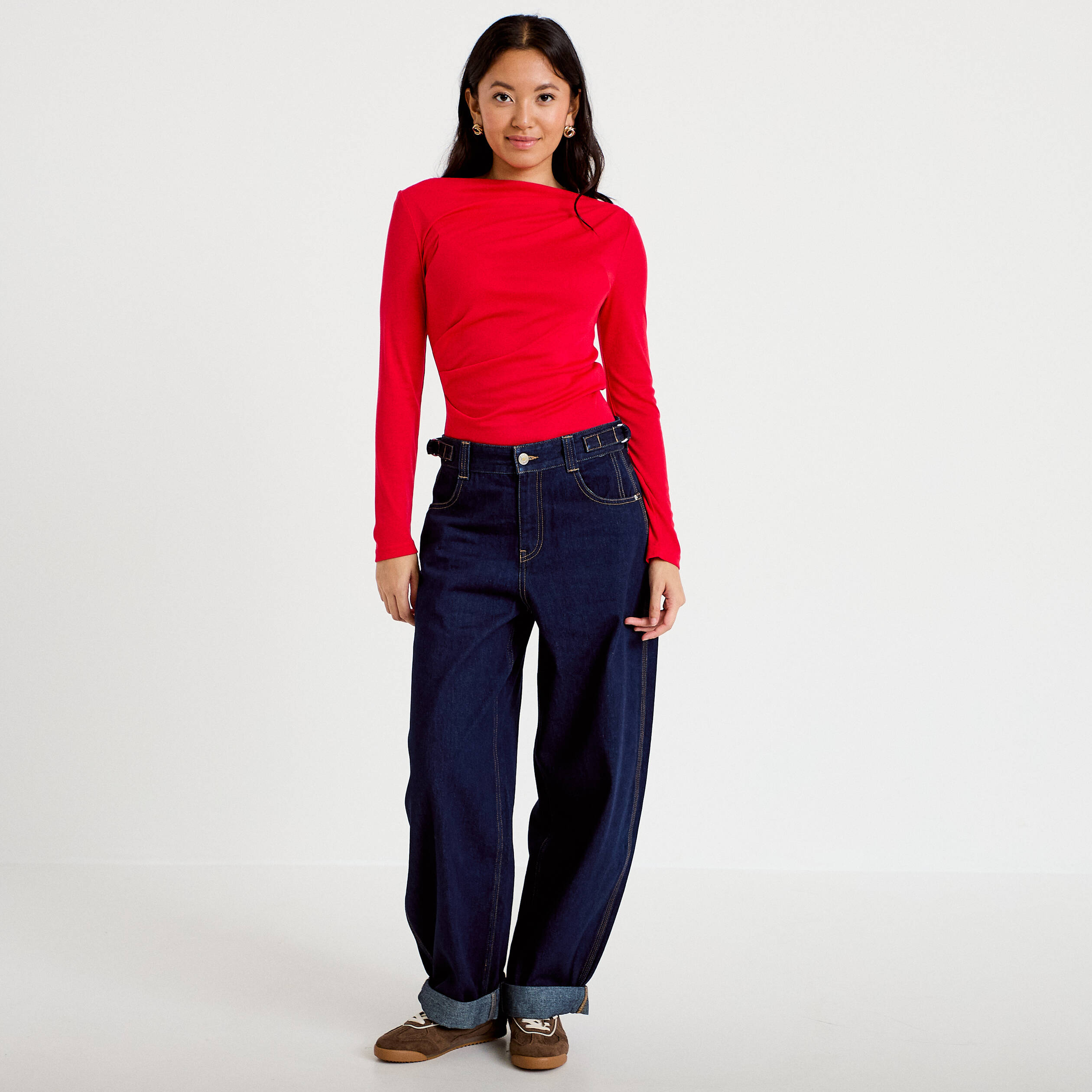T-shirt col b&eacute;nitier manches longues rouge femme