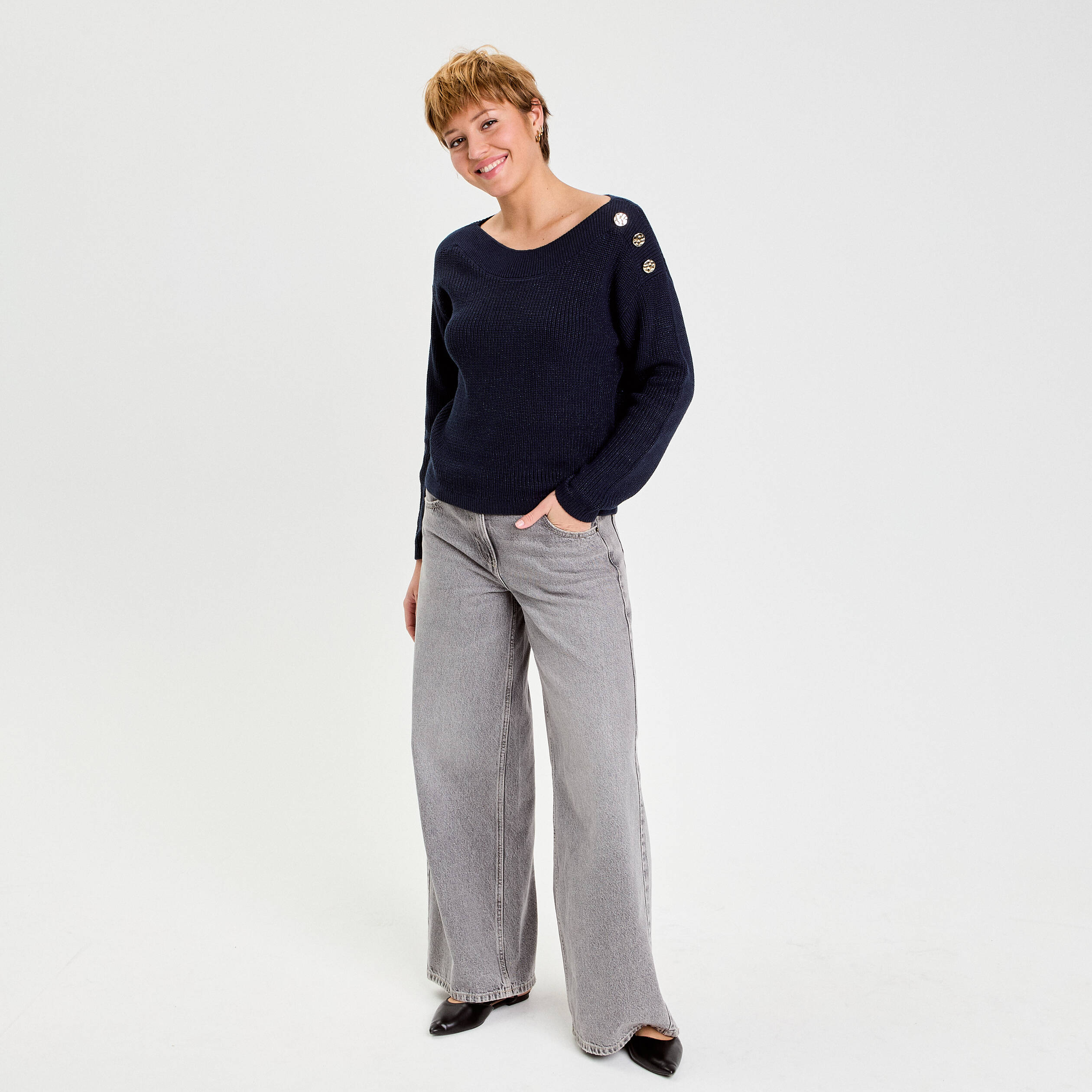 Pull col bateau bleu marine femme