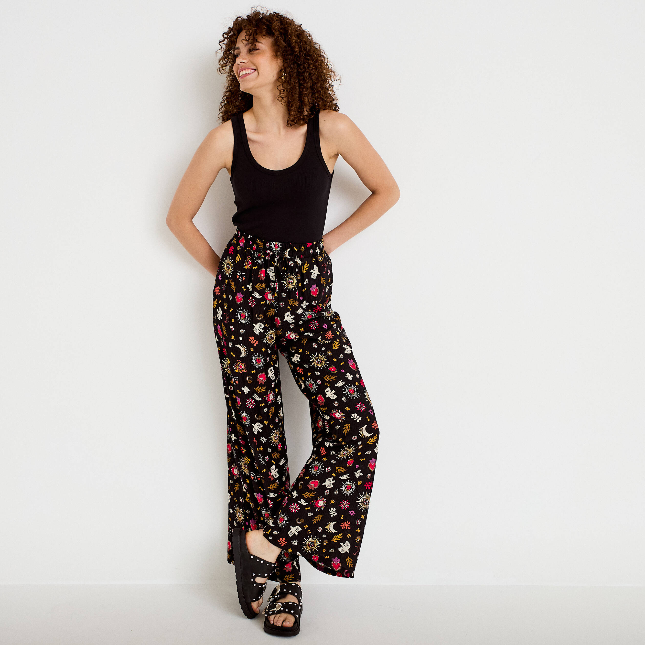 Pantalon large taille standard noir femme