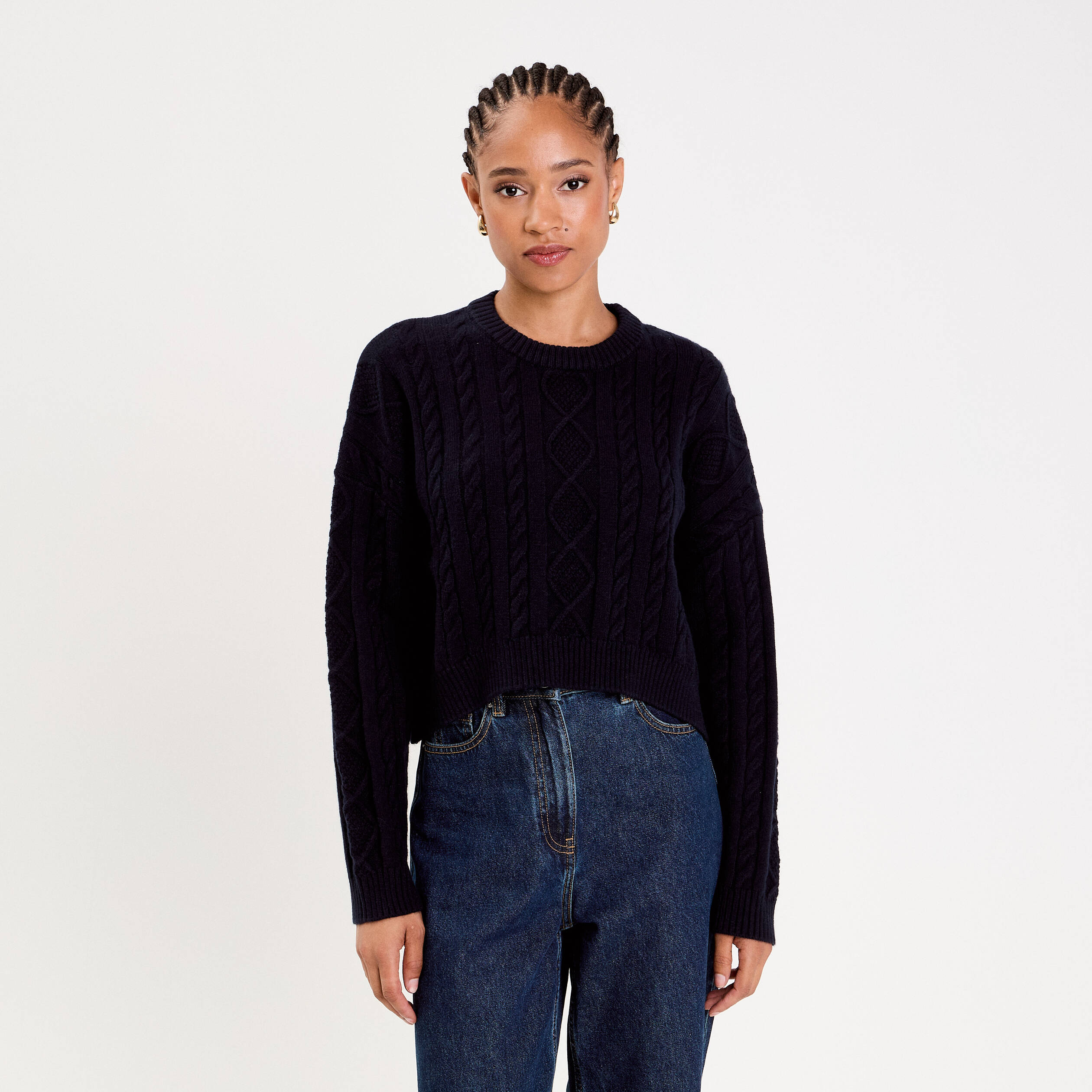 Pull avec torsades bleu marine femme
