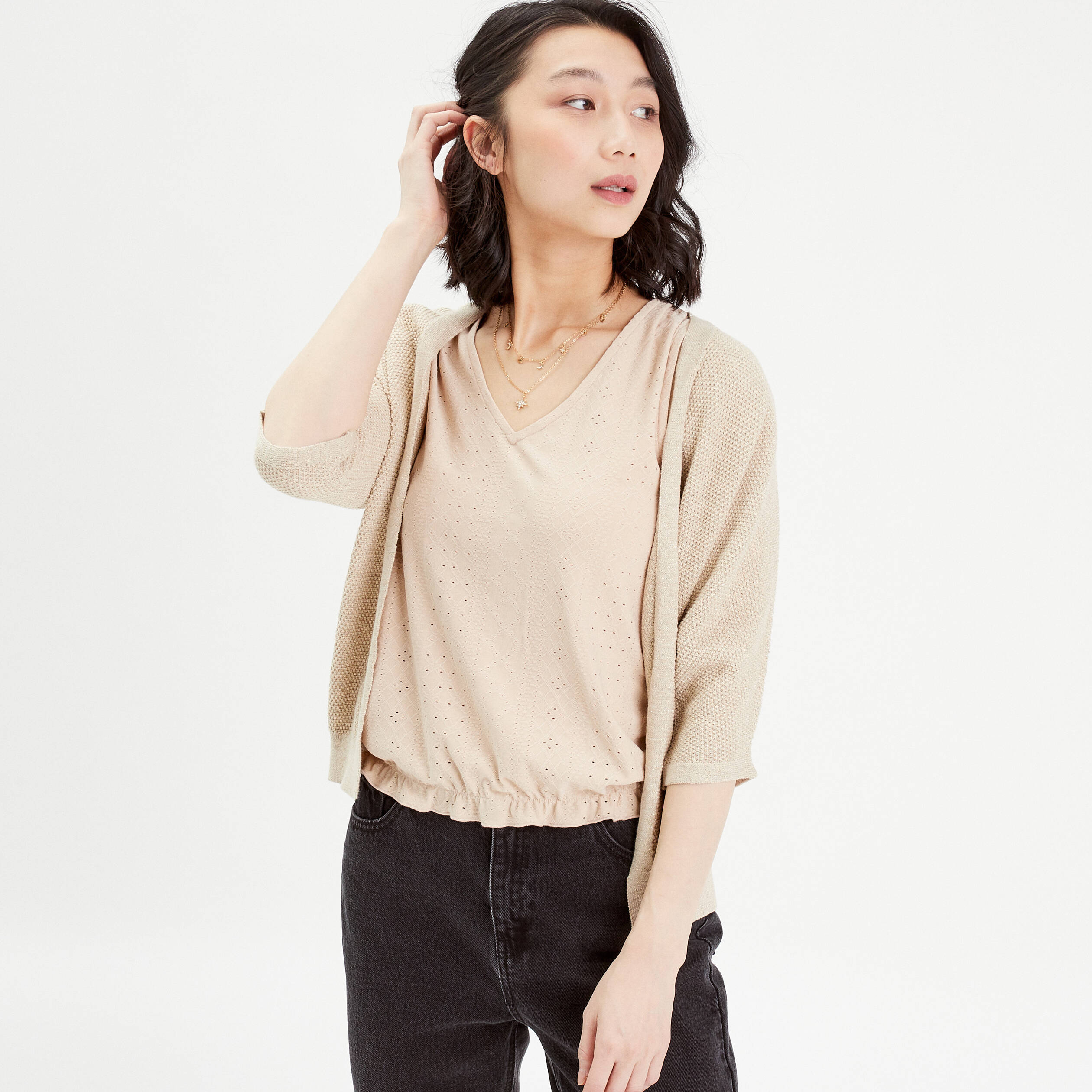 Gilet manches 3/4 beige femme