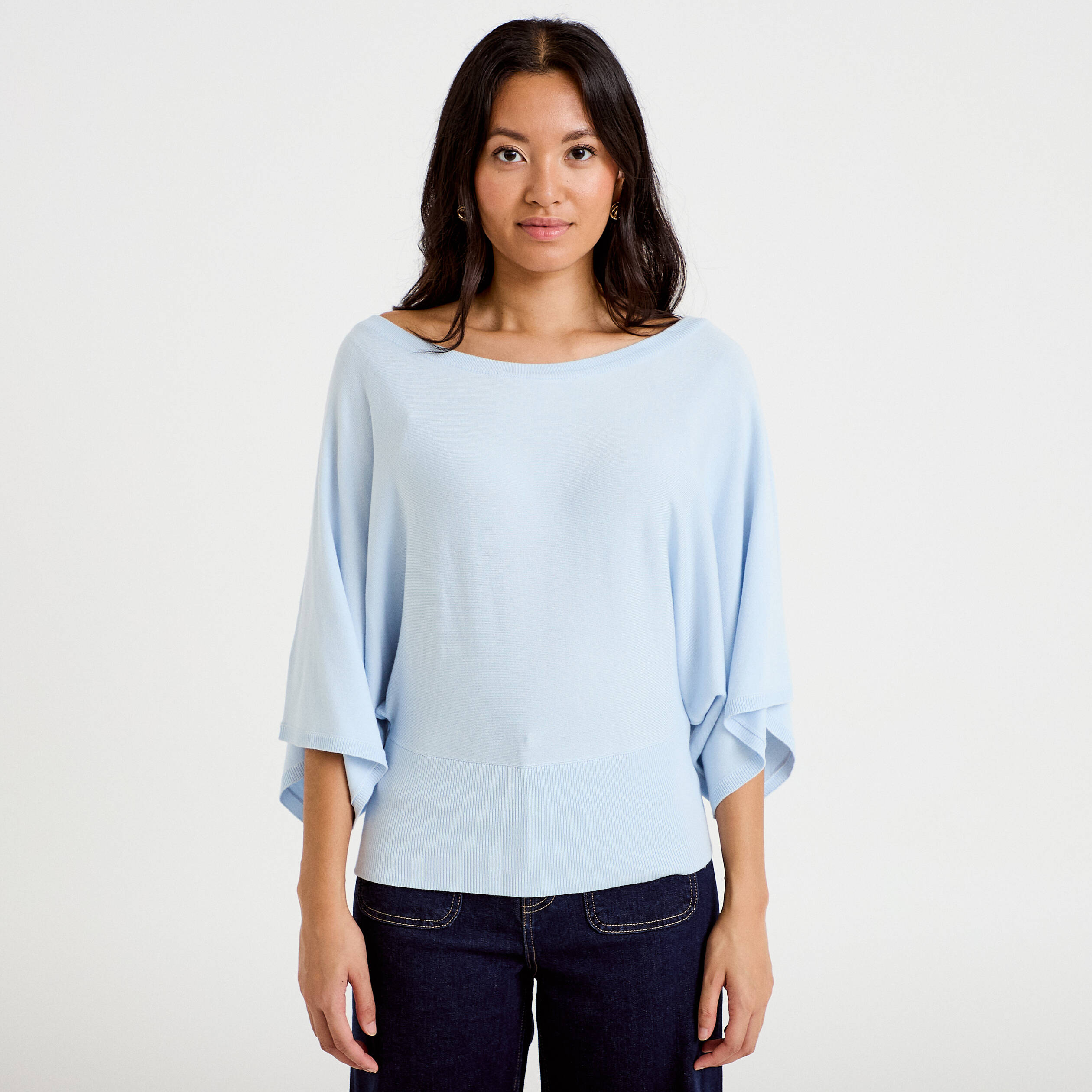 Pull ample manches courtes col rond bleu ciel femme