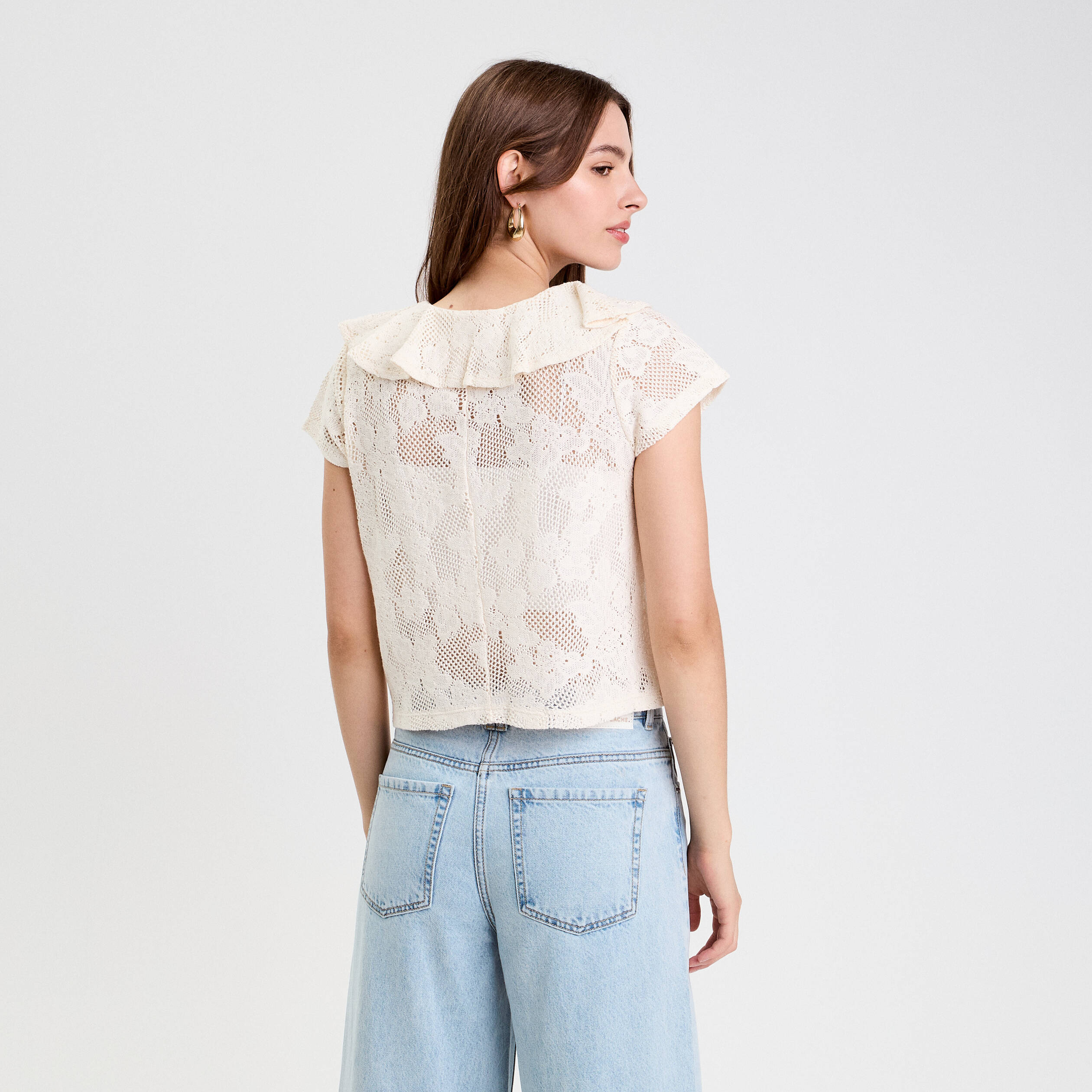 blouse ajouree decollete manches courtes ecru femme Blouse ajourée décolleté manches courtes ecru femme