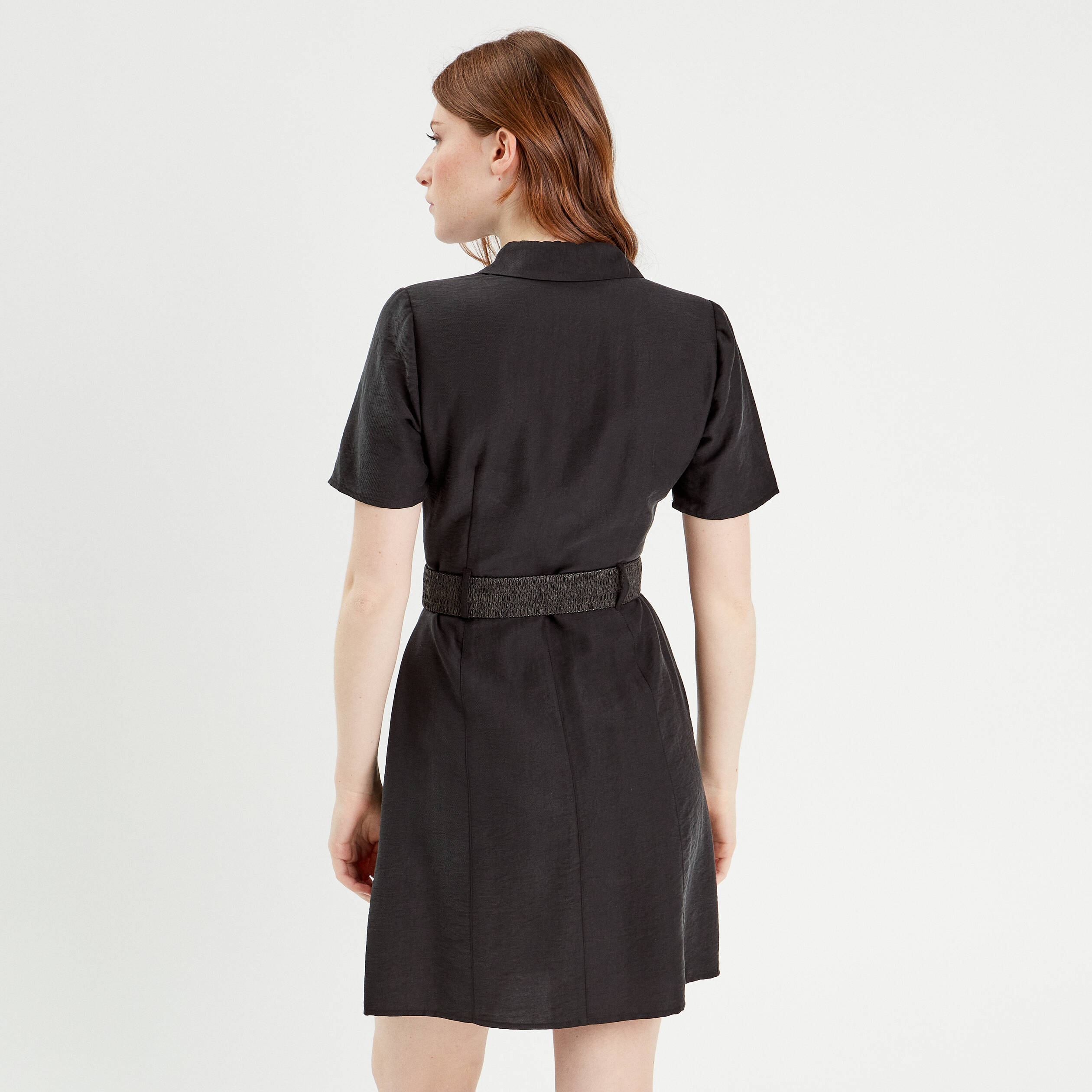Robe trap&egrave;ze ceintur&eacute;e noir femme