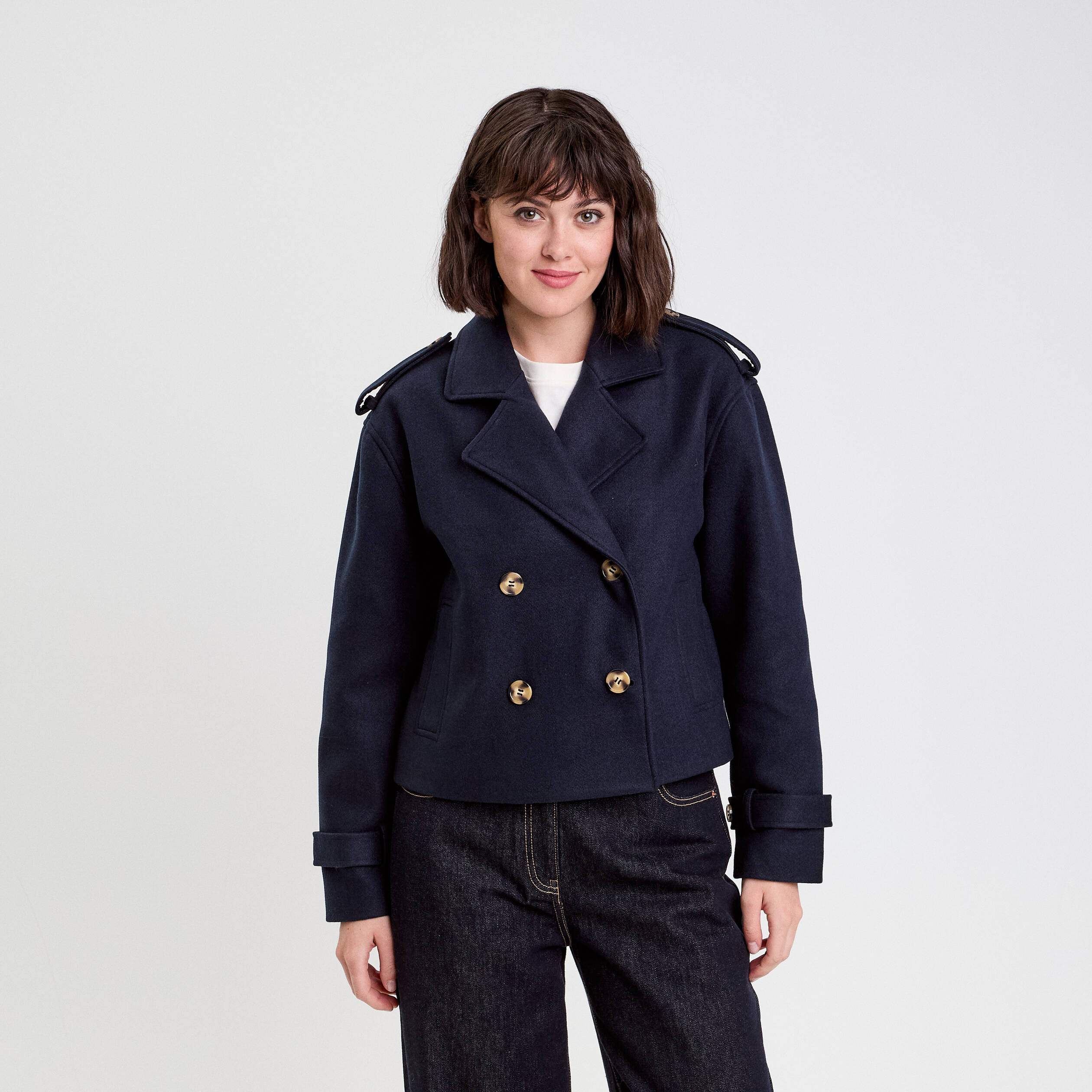 Trench court boutonné bleu marine femme Vibs