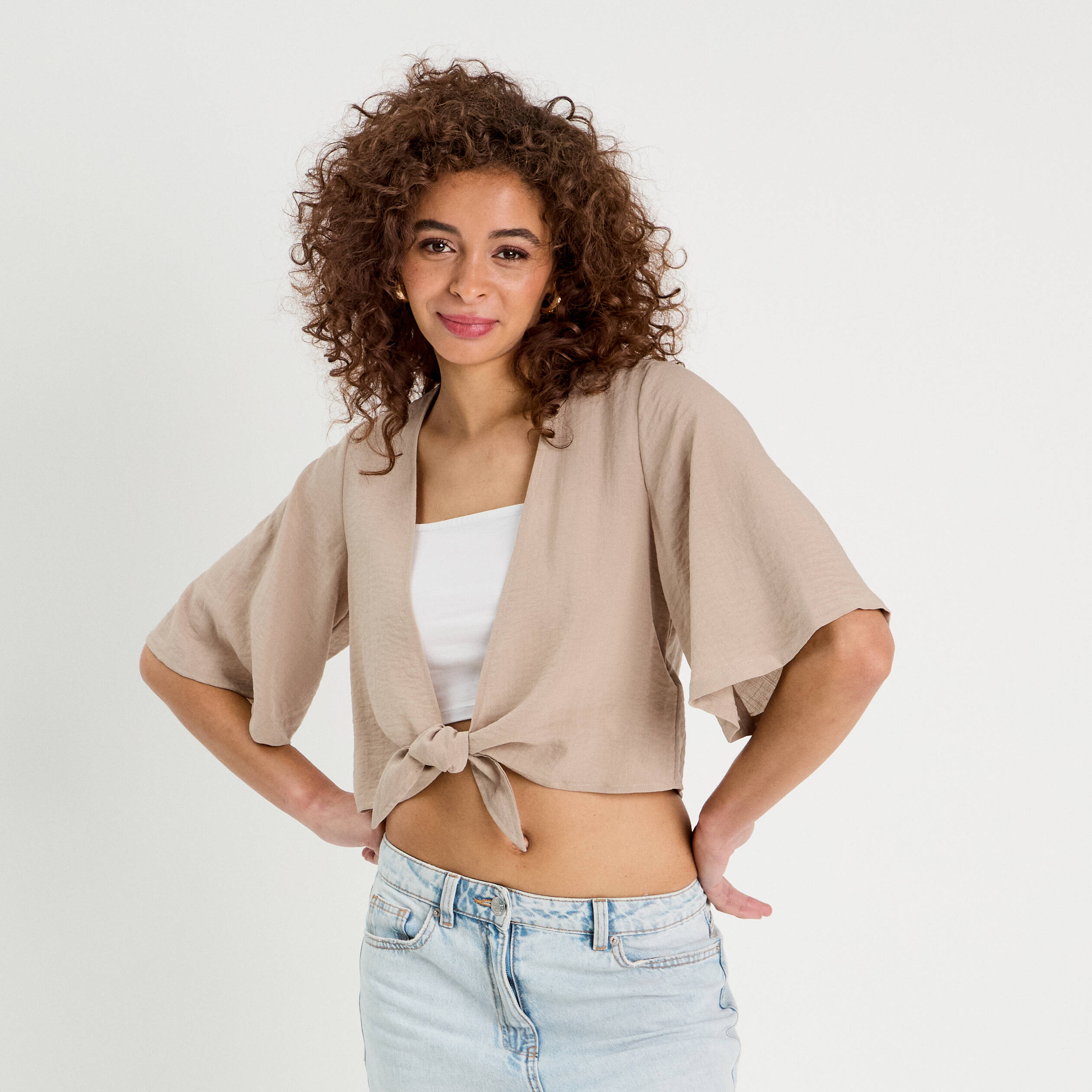 Blouse nou&eacute;e cropped beige femme