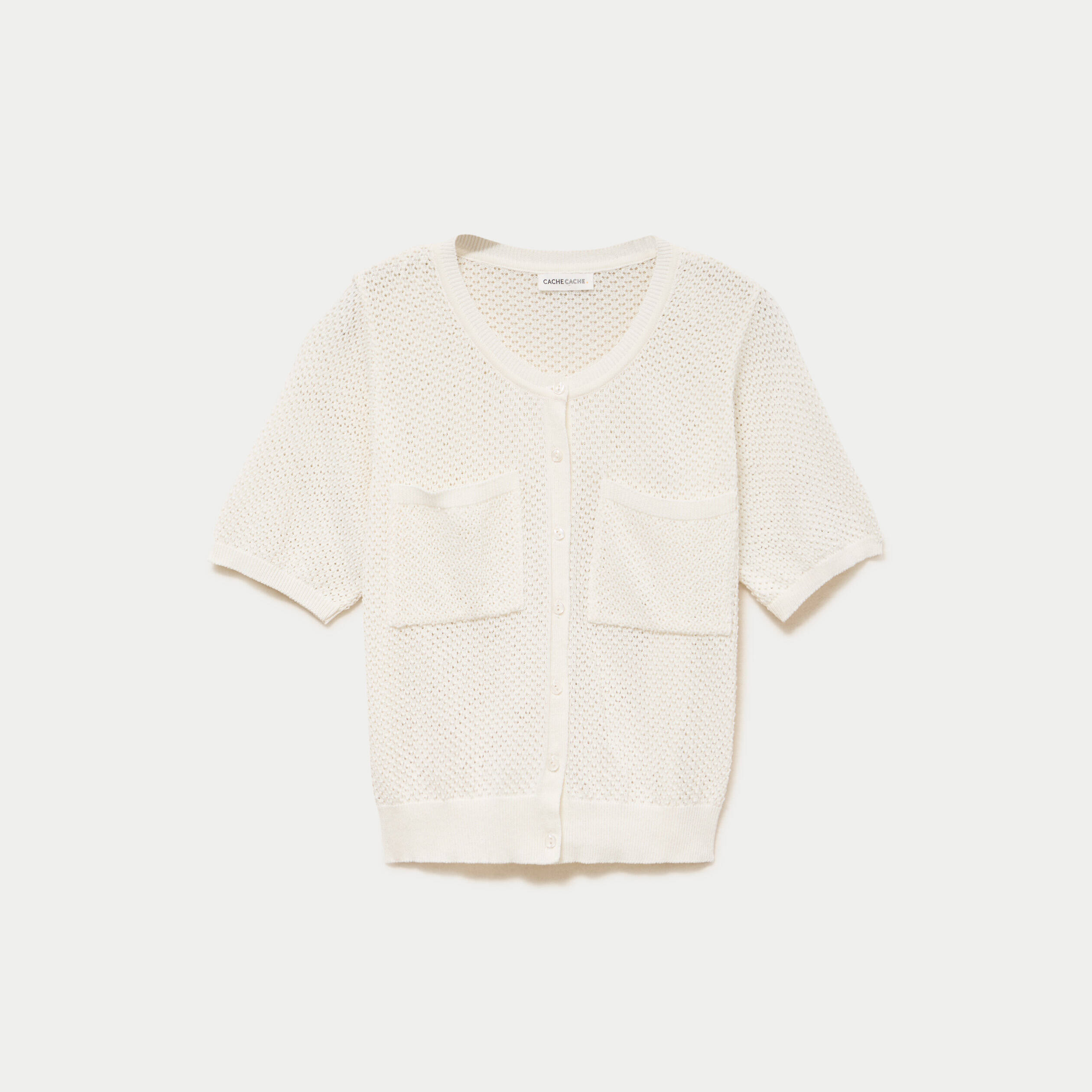 Gilet ajour&eacute; col rond manches courtes ecru femme