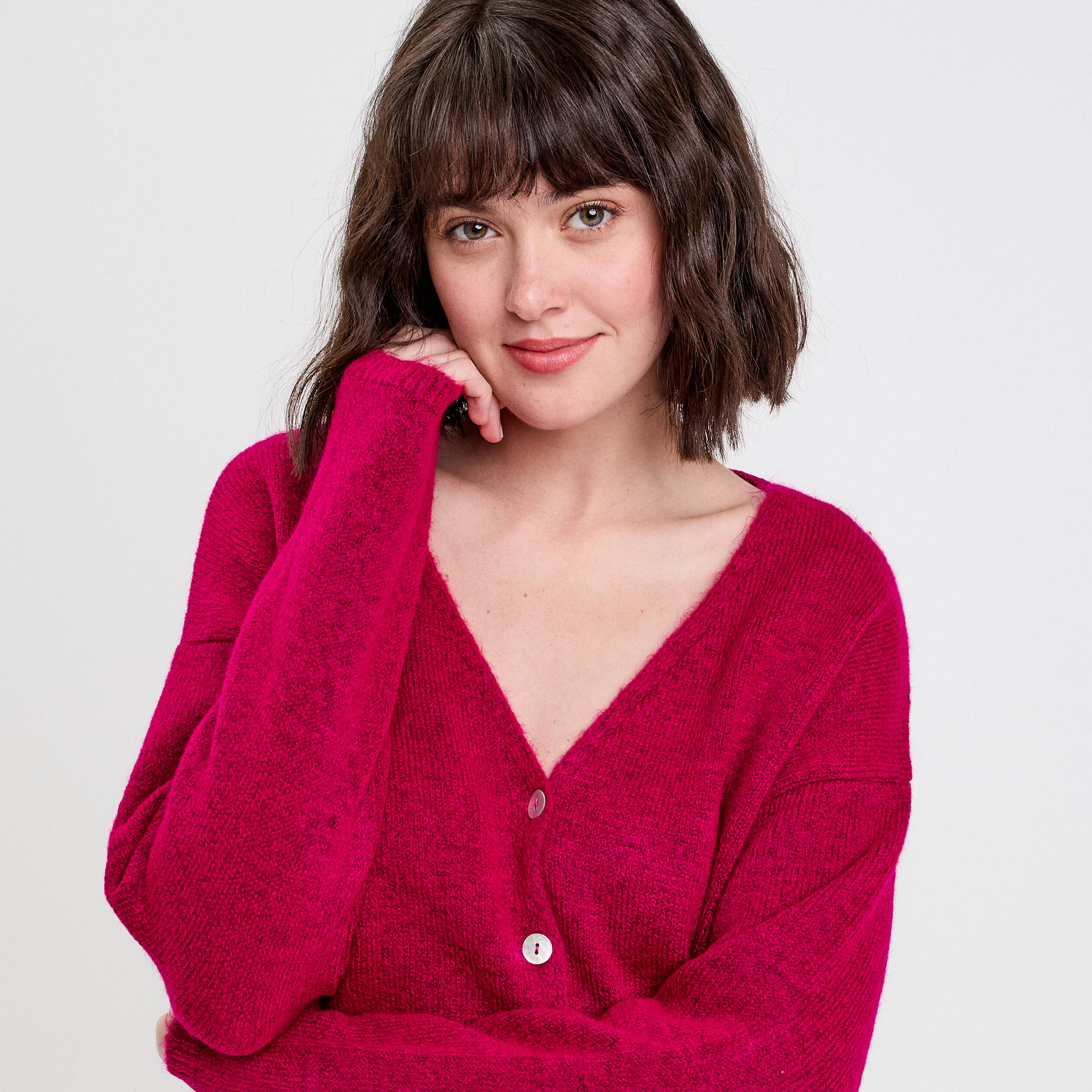 Gilet boutonné avec col en V rose fushia femme Vibs