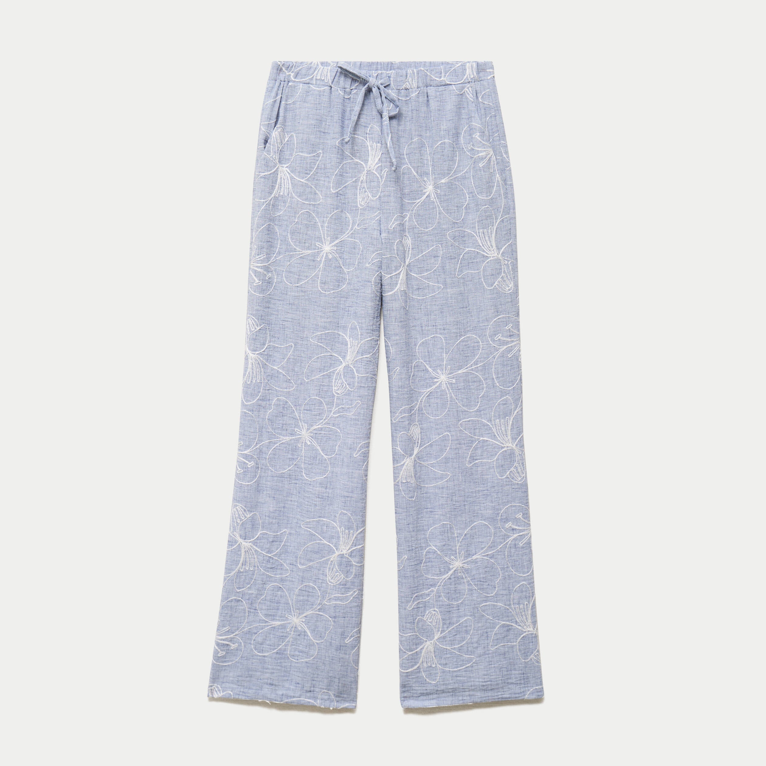 Pantalon large taille haute brod&eacute; bleu clair femme
