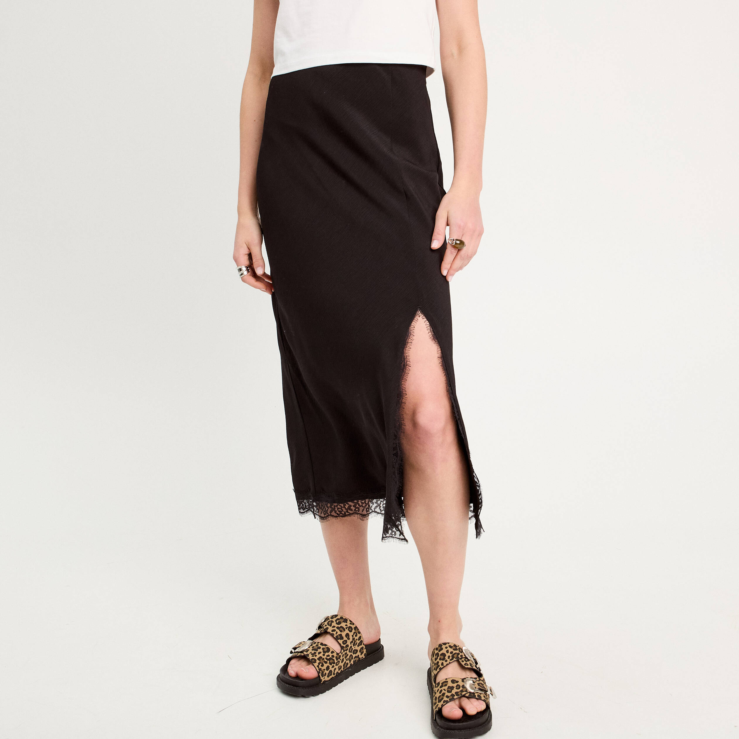 jupe midi droite fendue noir femme Jupe midi droite fendue noir femme